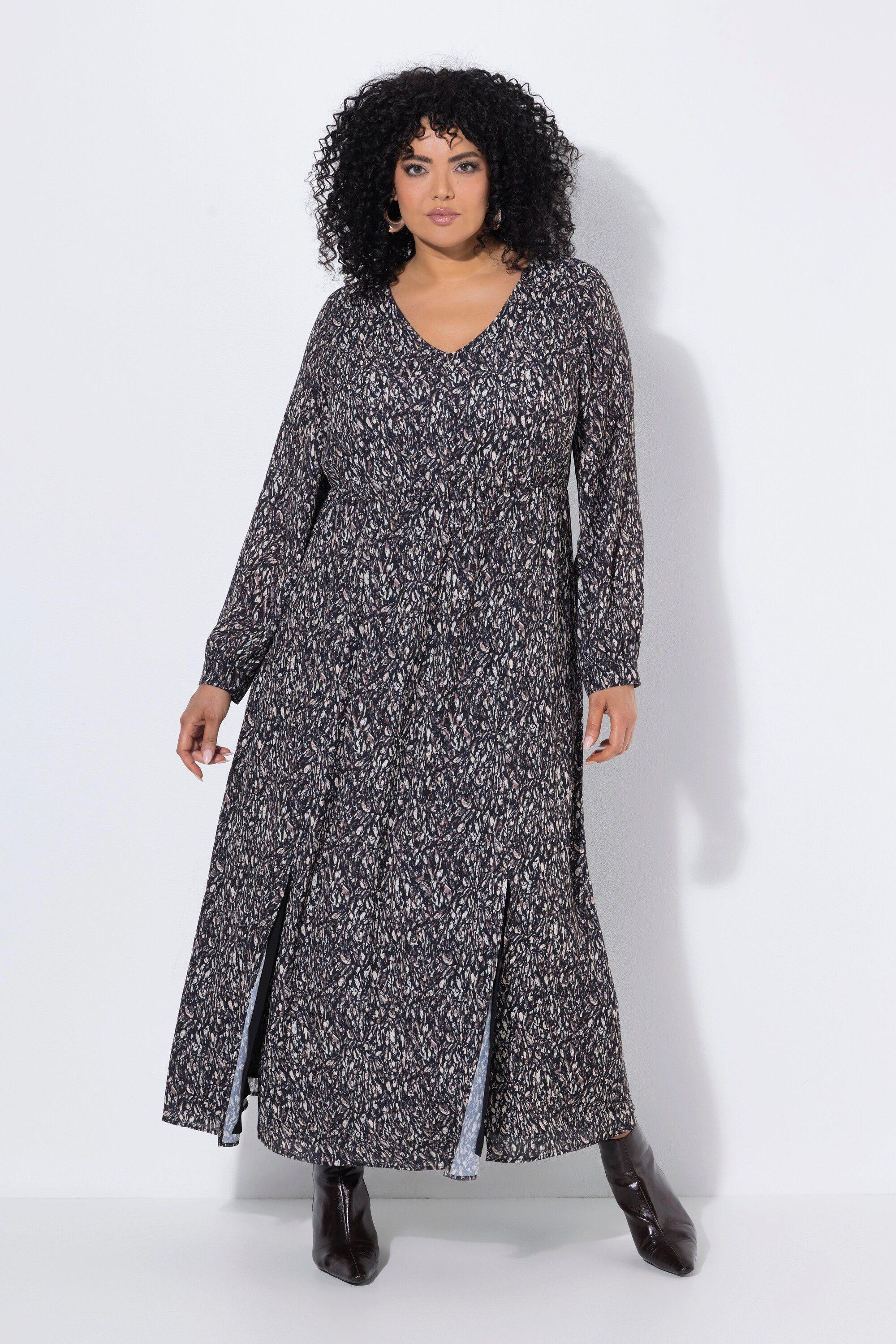 Ulla Popken Maxikleid Maxikleid A-Linie V-Ausschnitt Langarm