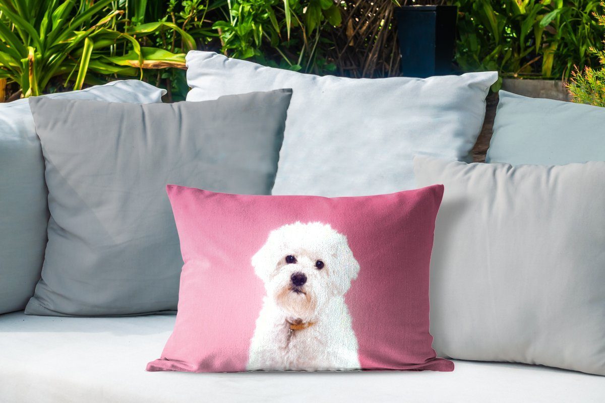 rosa Dekokissenbezug, Malteser Dekokissen Hund Outdoor-Dekorationskissen, Kissenhülle Polyester, MuchoWow mit Hintergrund,