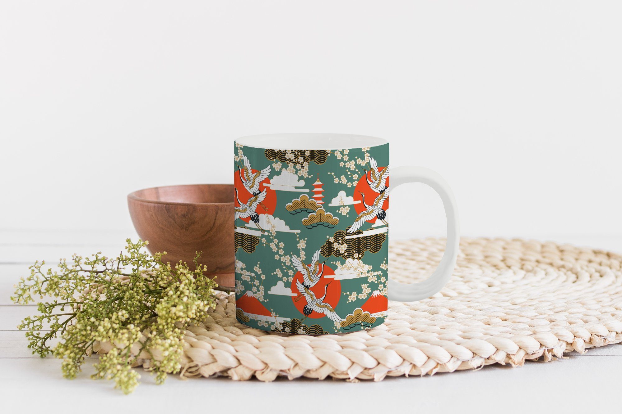 Kranich Teetasse, Sonne Sakura Becher, Geschenk Tasse Kaffeetassen, MuchoWow - Teetasse, - Muster, Keramik, -
