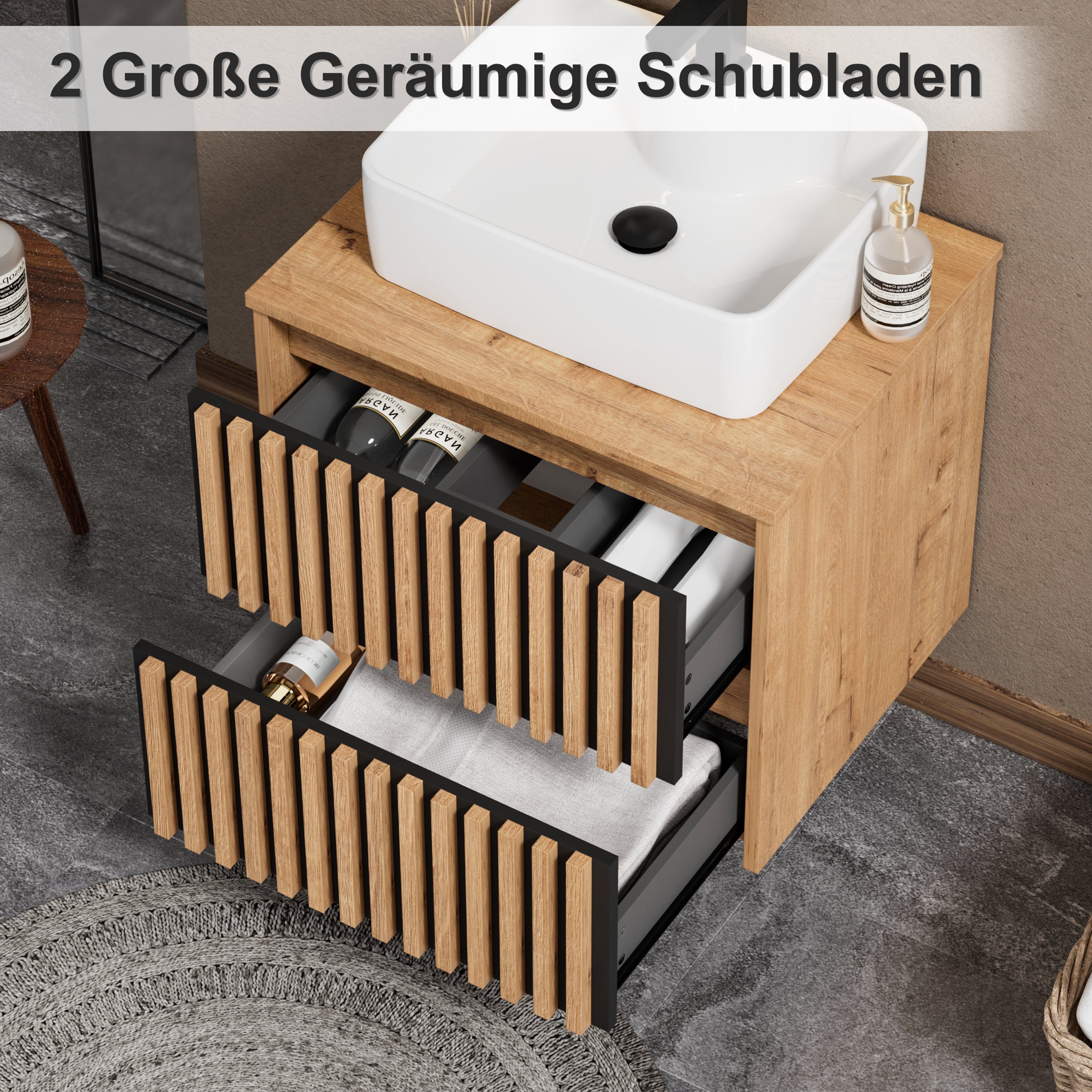 UEV Waschtisch mit Unterschrank hängend Keramik Waschbecken (Packung, Komplett-Set Badmöbel, Badezimmmer Schrank), Waschbeckenunterschrank mit Wasserhahn und Po – Bild 4 von 5