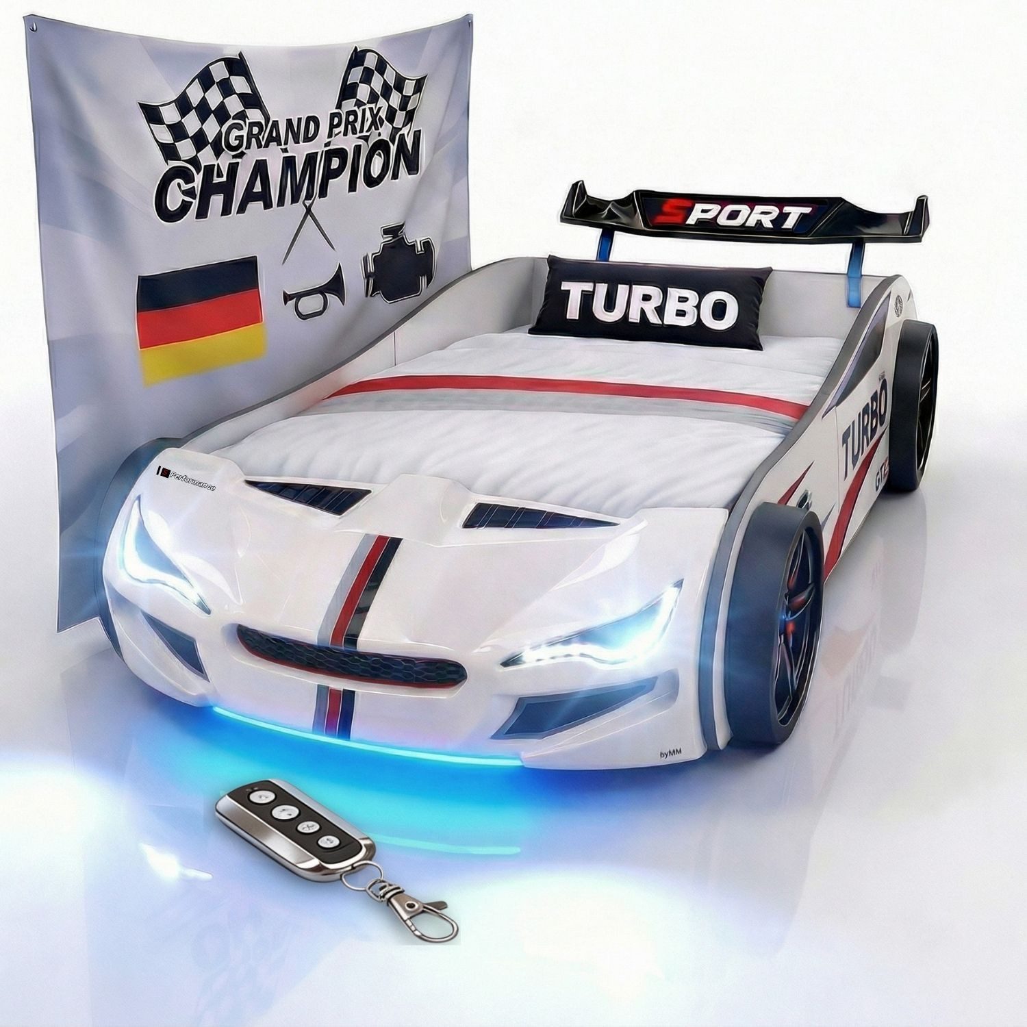 Coemo Autobett GTE (1-tlg., Komplett-Set Bett und Lattenrost), Weiß Autobett Rennwagen GTE mit Lattenrost Beleuchtung Motorgeräusche