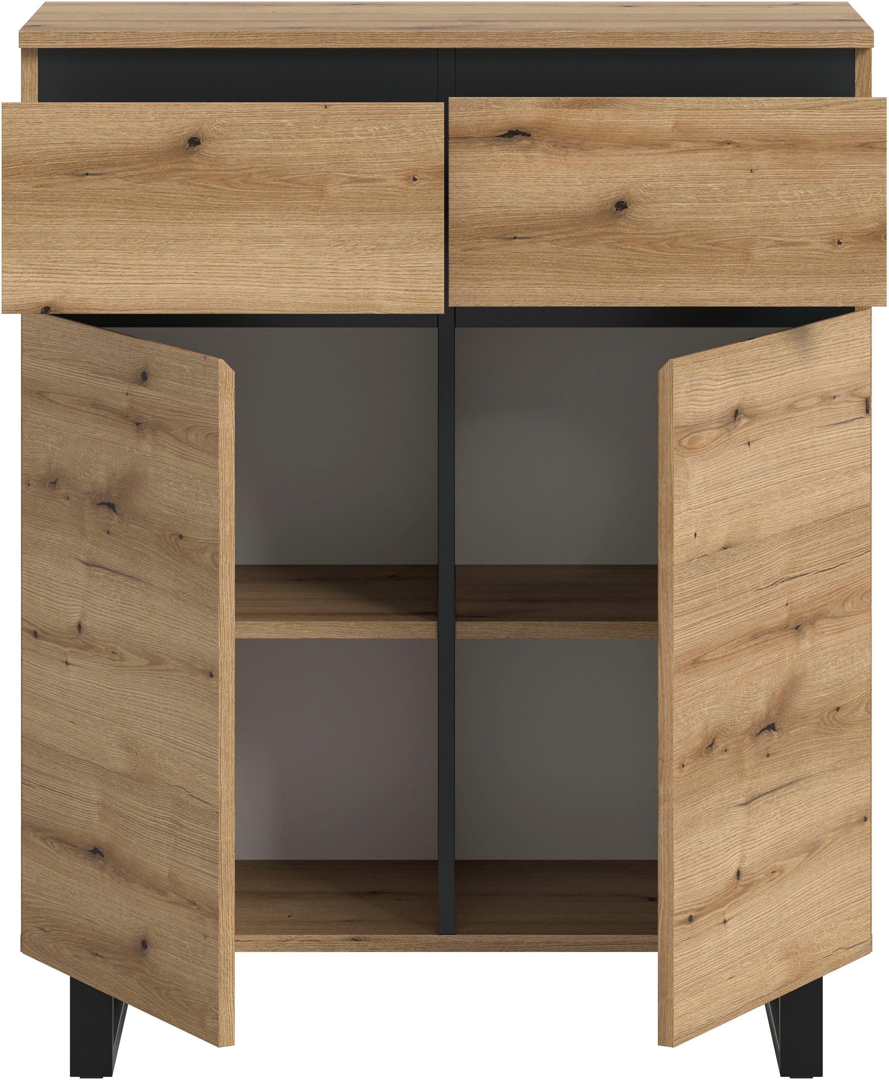 Home affaire Kommode TOMA, Höhe: 99cm, mit Metall-Kufen-Fuß, 2 Türen, 2 Schubkästen, Anrichte, Sideboard, Schrank, Board, Highboard