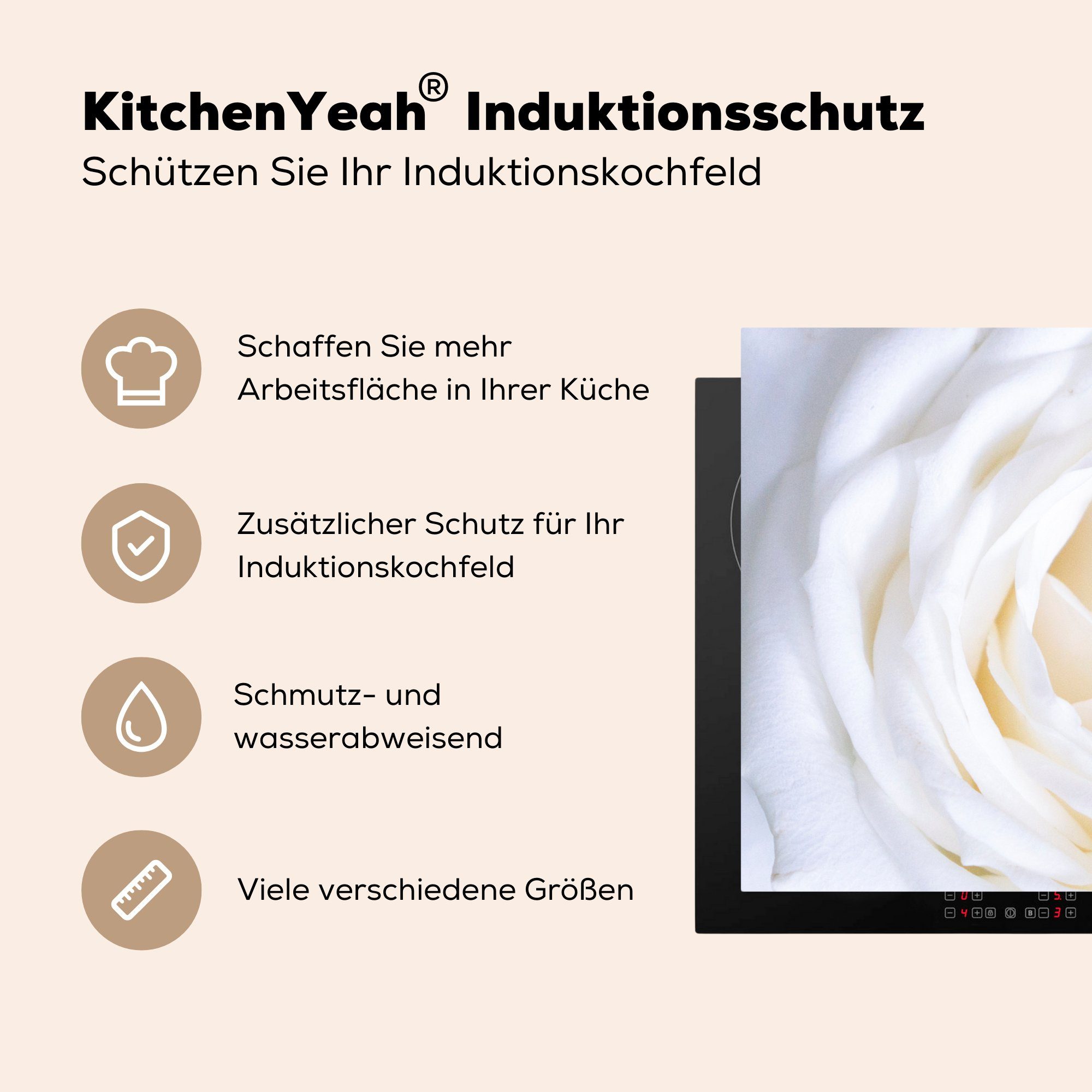 Induktionskochfeld küche, MuchoWow die Weiß - Schutz Rose Ceranfeldabdeckung Vinyl, für - Herdblende-/Abdeckplatte cm, tlg), 81x52 (1 Blume,