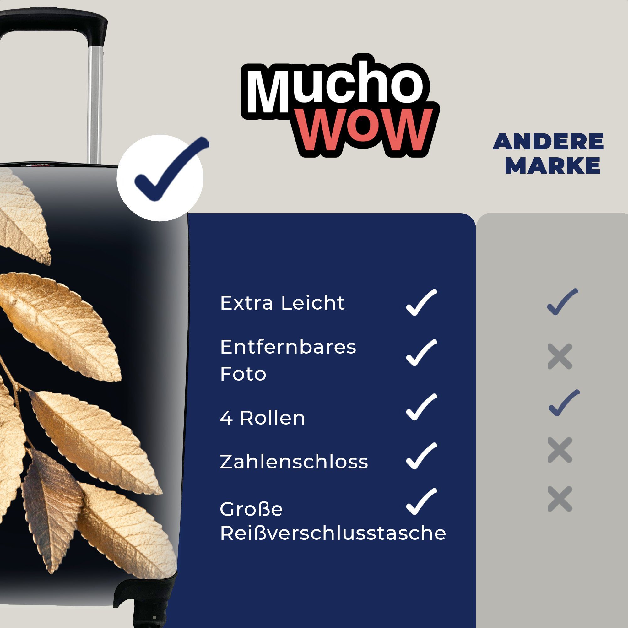 Luxus MuchoWow mit Gold Trolley, Blätter Rollen, Ferien, - 4 für rollen, Handgepäck Reisetasche - Handgepäckkoffer Schwarz - - Reisekoffer Pflanzen,