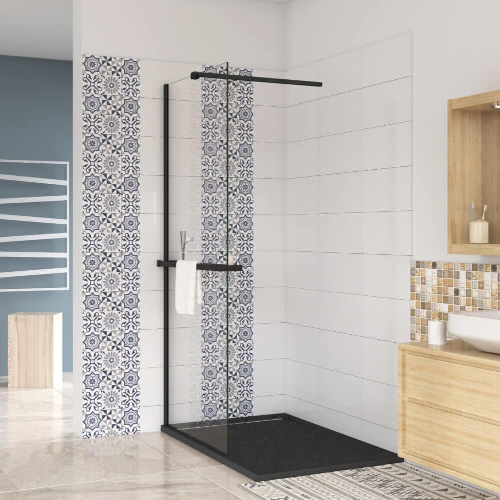 AICA Walk-in-Dusche 200cm 8mm Sicherheitsglas Schwarz walk in mit Handtuchhalter Duschwand, Einscheibensicherheitsglas, Glas