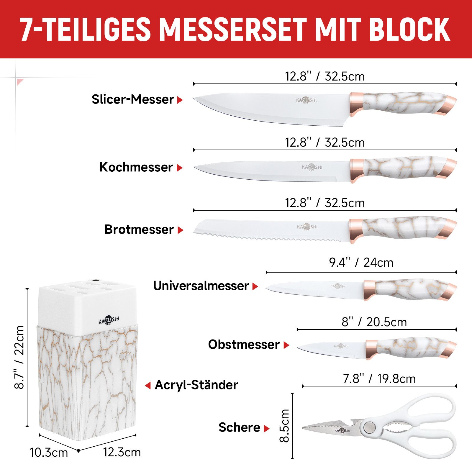 KAZUSHI Messer-Set 9/ 8/7/6teilig Messerblock Messerset Küchenmesser Set Profi Kochmesser (7-tlg), Edelstahl hochwertiges SelbstschärfenMesser Küchenmesser Set
