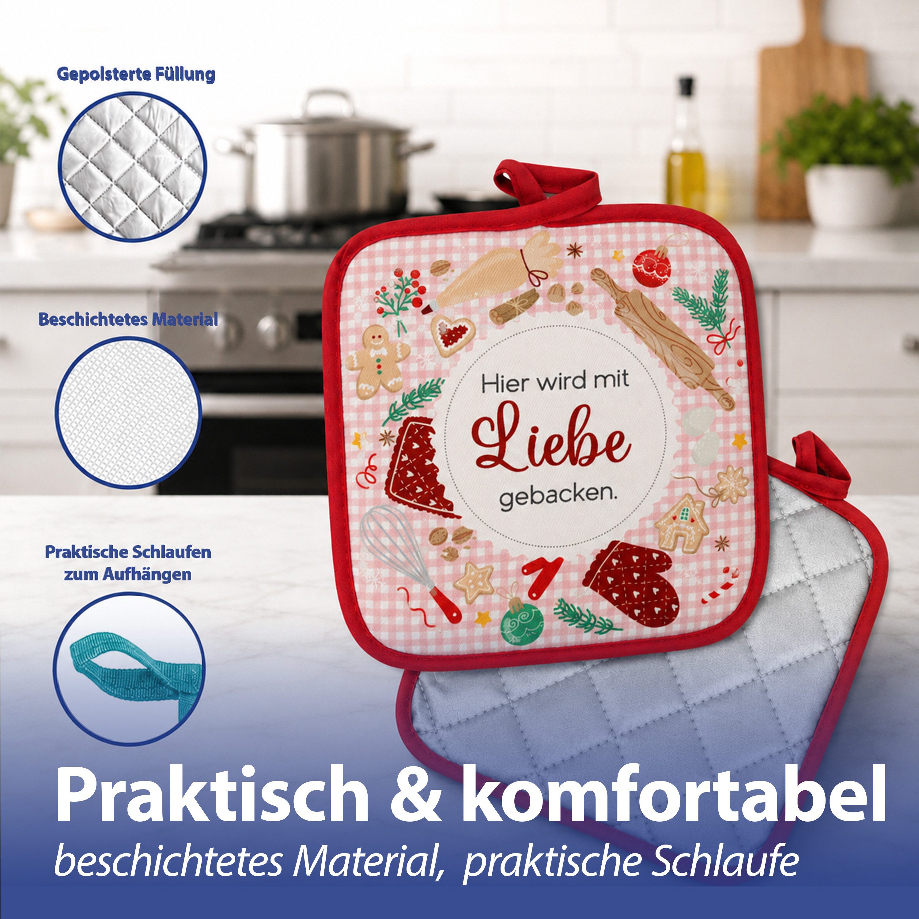 CEPEWA Topflappen Topflappen Weihnachten 4er Set 18x18x0,5cm Polyester mehrfarbig Küche – Bild 5 von 5