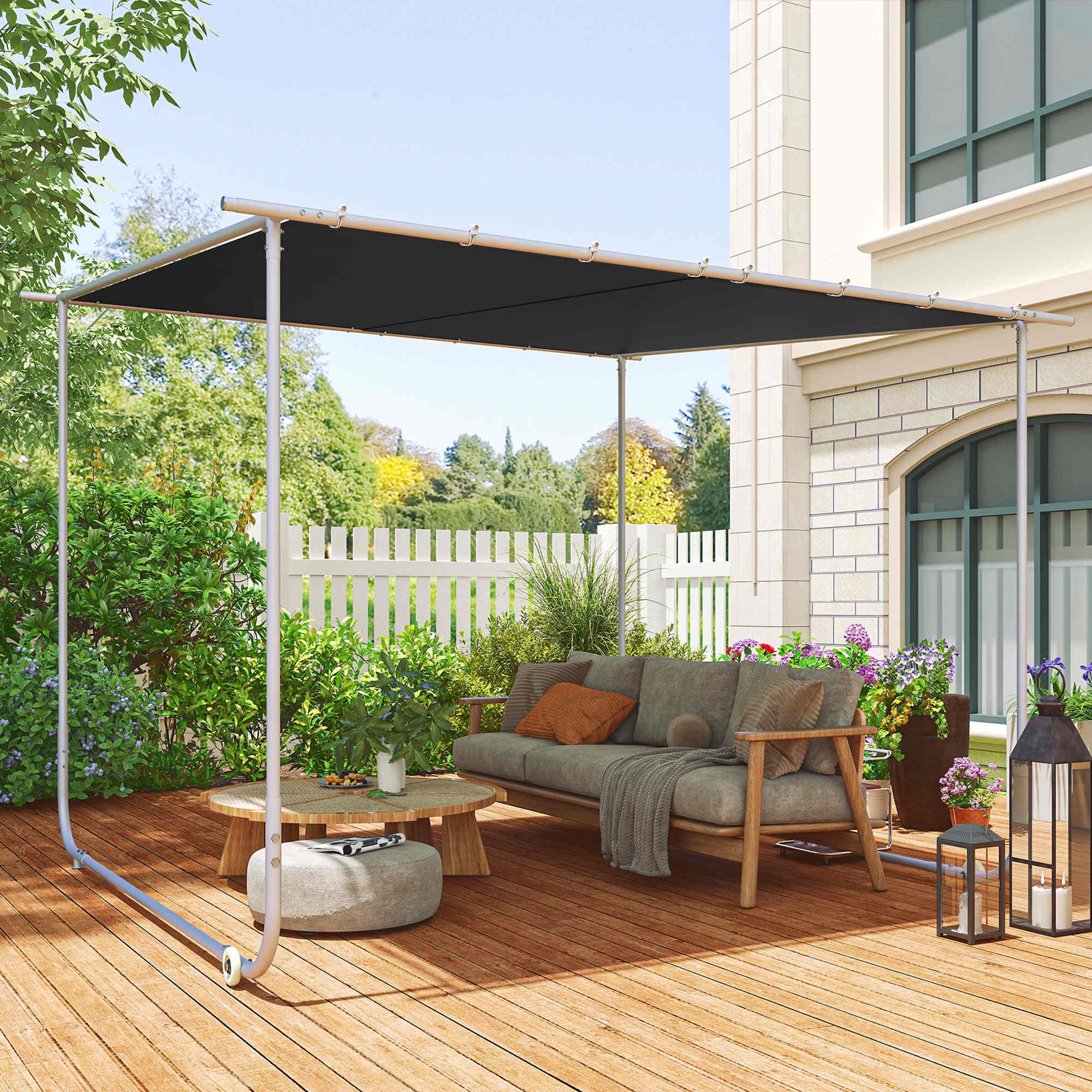 Outsunny Pavillon Pergola Terrassenüberdachung mit UV-Schutz, Sandsack, mit 4 Seitenteilen, (Gartenpavillon, Anstellpavillon), für Balkon, Dunkelgrau