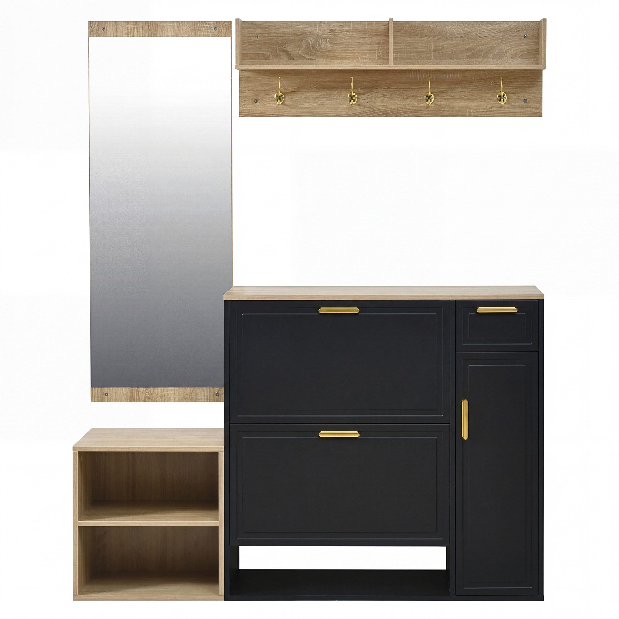Flieks Garderoben-Set inkl. Schuhschrank, Sitzbank, Wandgarderobe/Wandregal & Spiegel, (Set, 4-St), Flurmöbel-Set Schuhkommode, Schuhbank, Paneel mit Haken und  – Bild 5 von 5