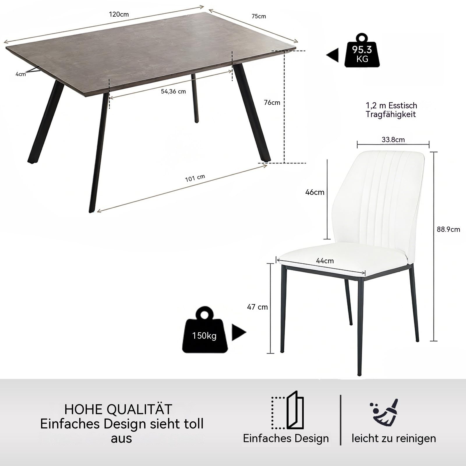 Jiexi Essgruppe Tisch- und Stuhlset, Moderner Esstisch (120×73×76 cm) mit 4 Stühlen