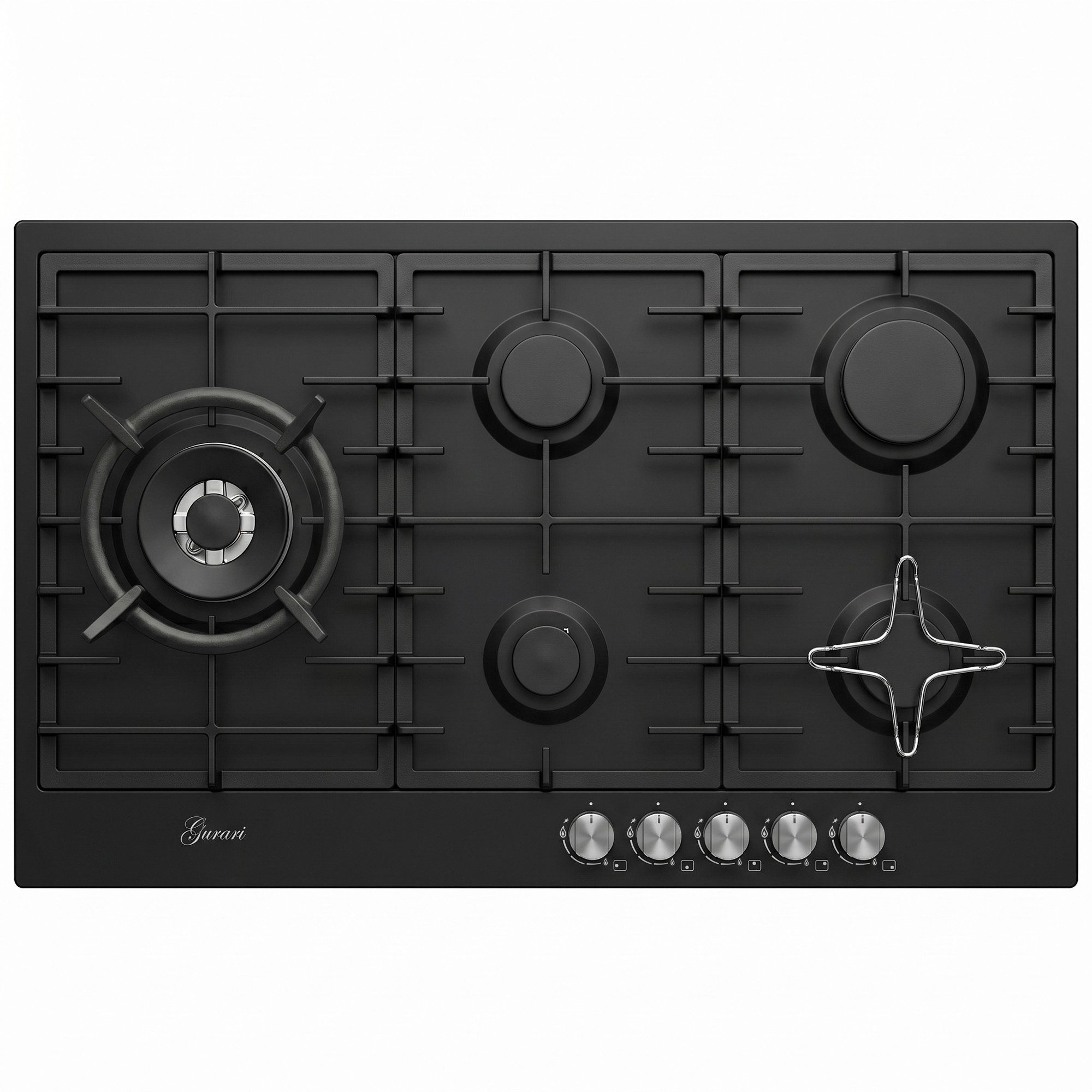 GURARI Gas-Kochfeld GCH FB 905 BL +WOK, Gaskochfeld 90 cm, Schwarz Emaliert, 4,0 kW WOK, 5 Gasbrenner,Erdgas, FL.Gas GCH FB 905 BL, Gaskochfeld 90 cm – Premium-Kochen mit Stil und Leistung