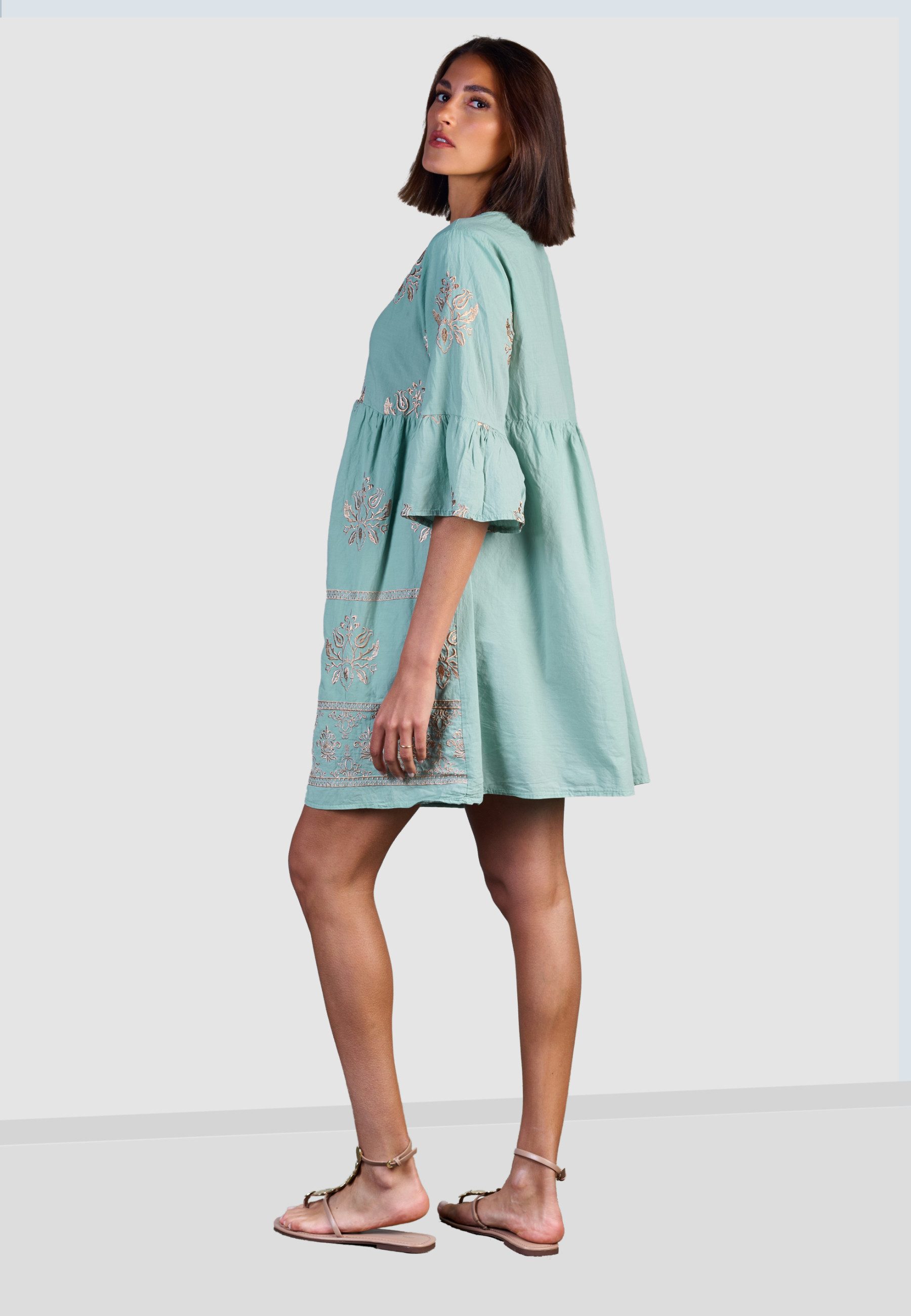 Andijamo-Fashion Minikleid GOLDEN BLOOM Locker fallendes Kleid in ausgestellter A-Linie