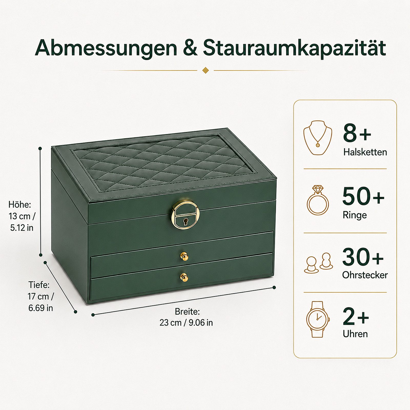 BlingBin Schmuckkasten Schmuckkästchen 3 Ebenen, Schmuckaufbewahrung mit 2 Schubladen (1er Set, 1 St., Schmuckschatulle, abschließbar, Tiefgrün), Schmuck Organi – Bild 2 von 5