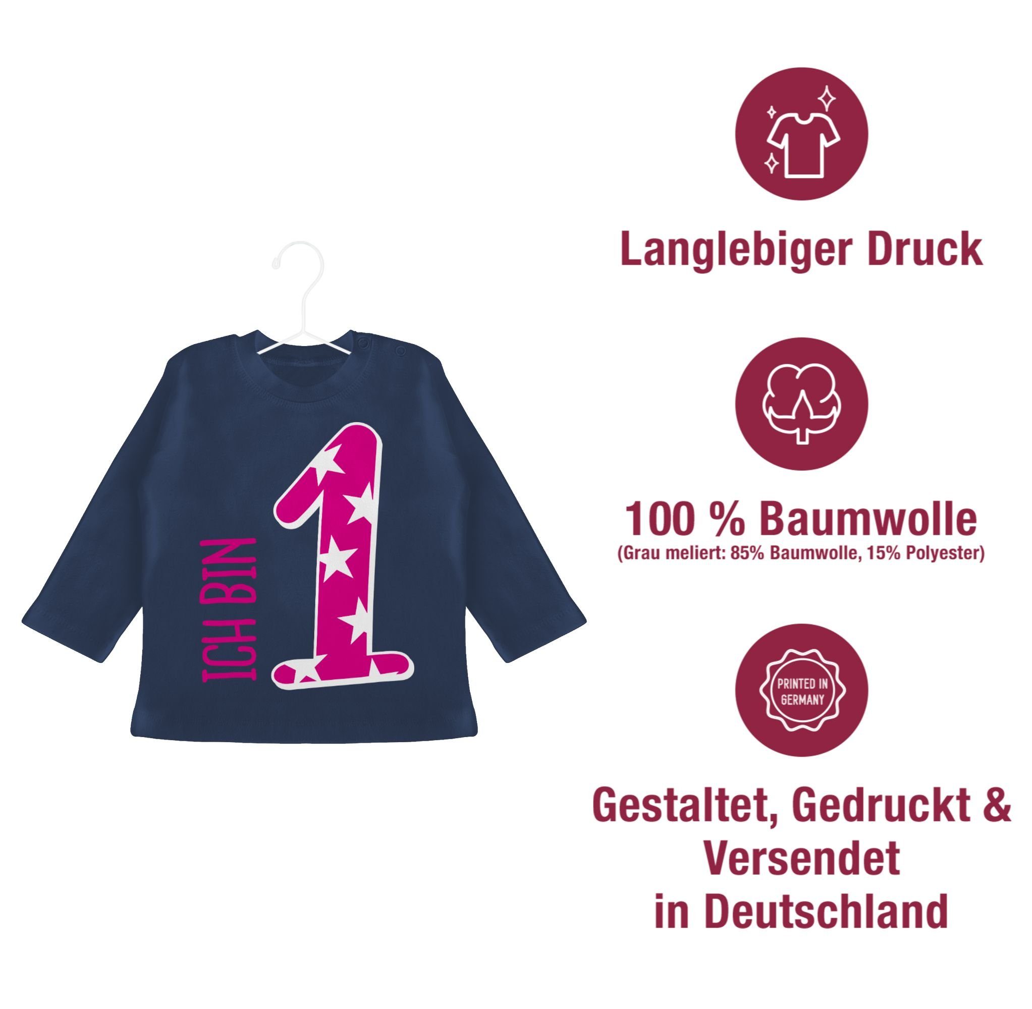 Mädchen T-Shirt eins 2 Erster Geburtstag Rosa Shirtracer 1. Blau bin Ich Navy