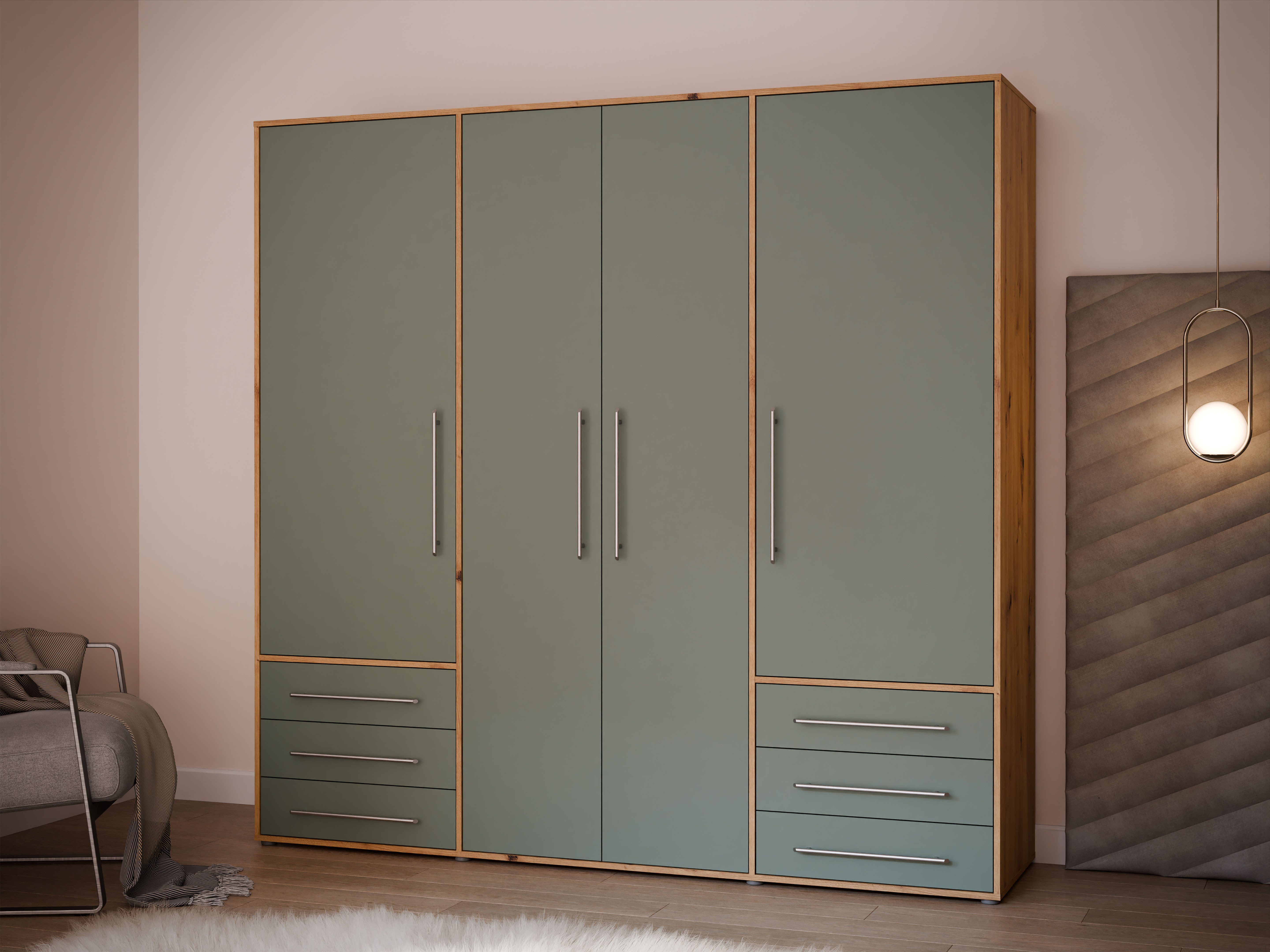 FORTE Drehtürenschrank Mokkaro, Kleiderschrank,zeitloses Design, 4 türig viel Stauraum, Schubladen, Stangengriffe, Made in Europe