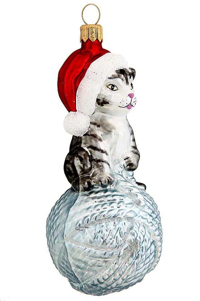 Christbaumschmuck auf handdekoriert - Wollknäuel Katze - mundgeblasen Hamburger Weihnachtskontor Dekohänger hellblau,