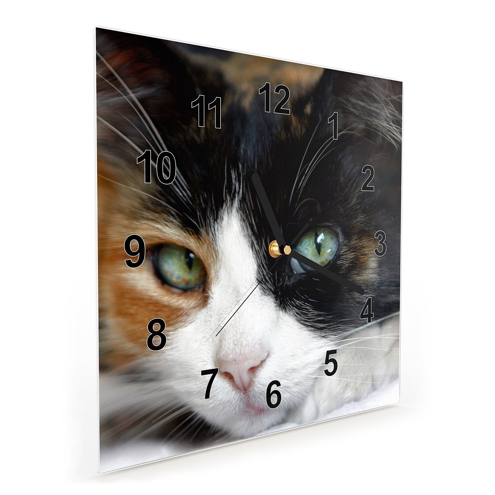 Primedeco Wanduhr Glasuhr mit cm x 30 Nahaufnahme Wandkunst 30 Motiv Katzenkopf Größe Wanduhr