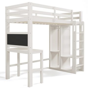 MODFU Etagenbett Holzbett Kinderbett, mit Schreibtisch Offener Kleiderschrank und Regalen, Ohne Matratze