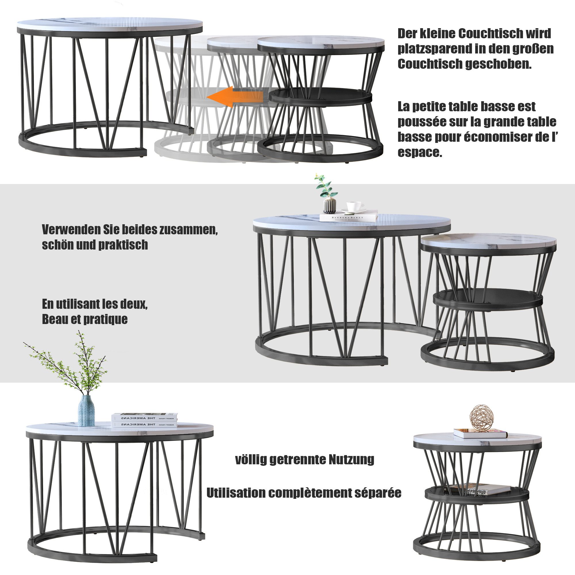 NMCXXO Couchtisch Elegantes 2er Set Couchtische aus Metall und Marmor (2-St., Platzsparendes stapelbares Design), Moderne, robuste Beistelltische im industriell – Bild 4 von 5