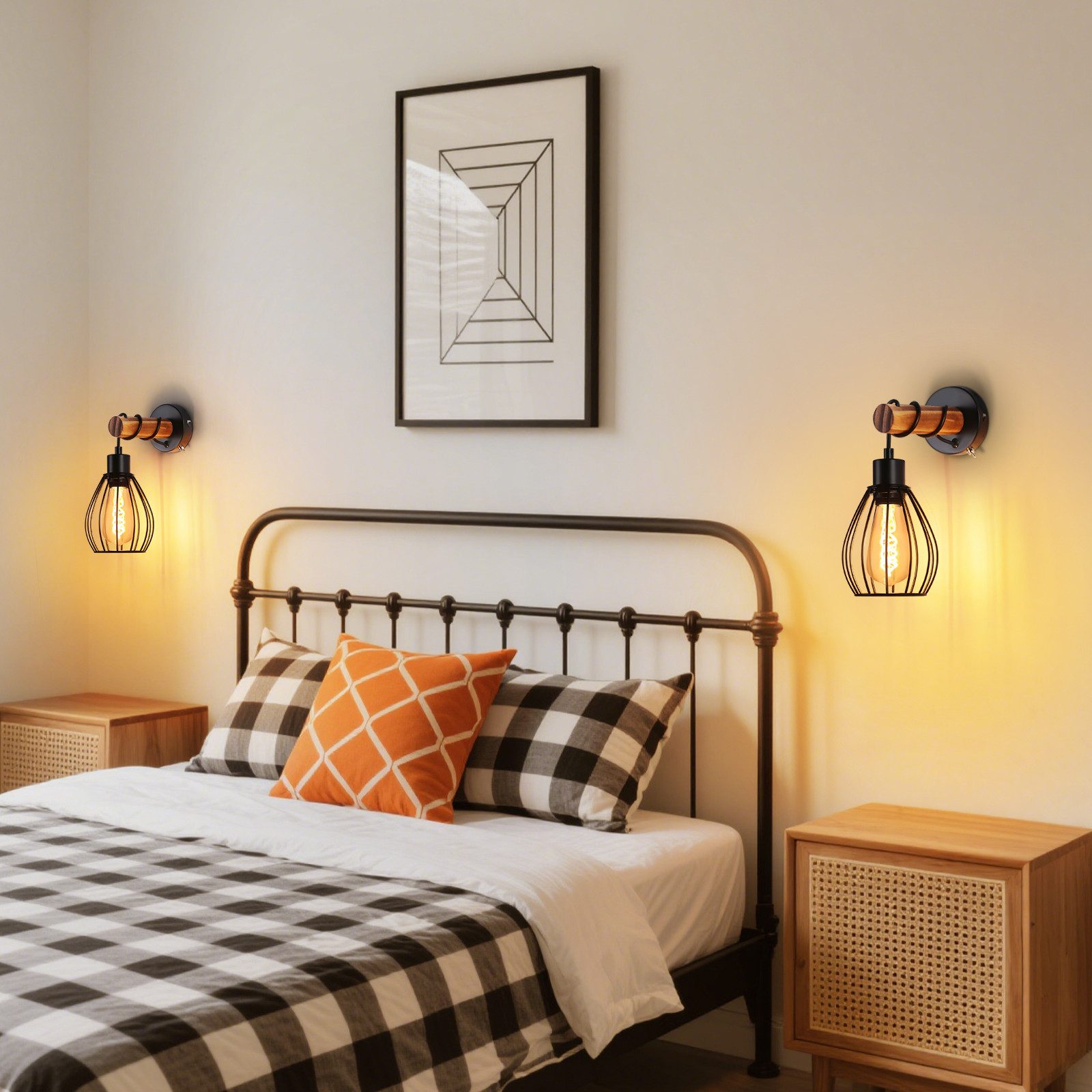 ZMH LED Tischleuchte Retro Wandleuchte Holz Innen Wandlampe Vintage mit Schalter E27, LED wechselbar, Schwarz Metall Wandspot Rustikal für Schlafzimmer