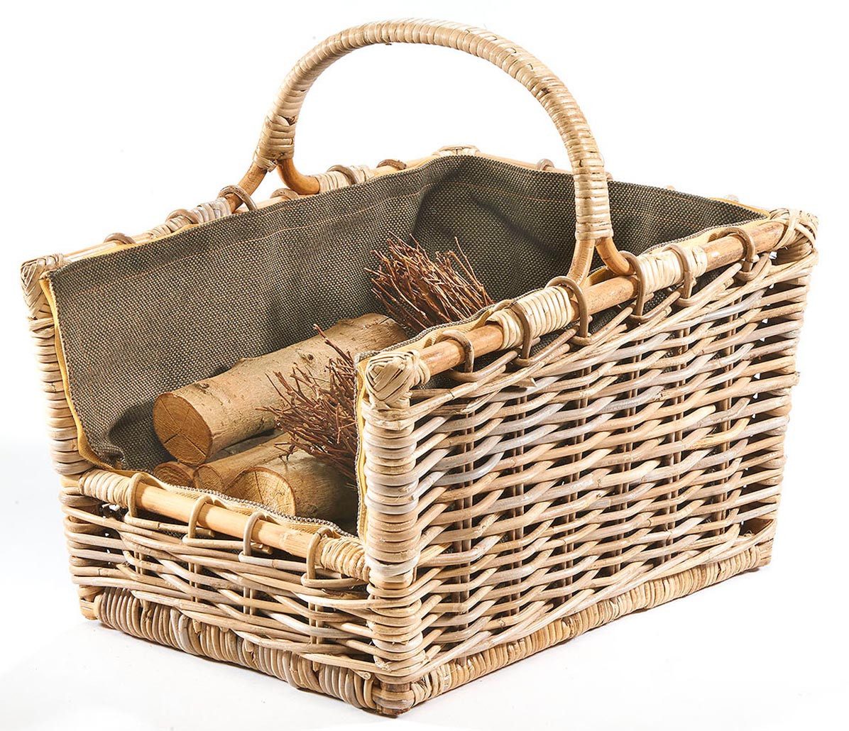 Kobolo Kaminholzkorb Holztrage Rattan grau abnehmb. Jutestoff dunkel günstig online kaufen