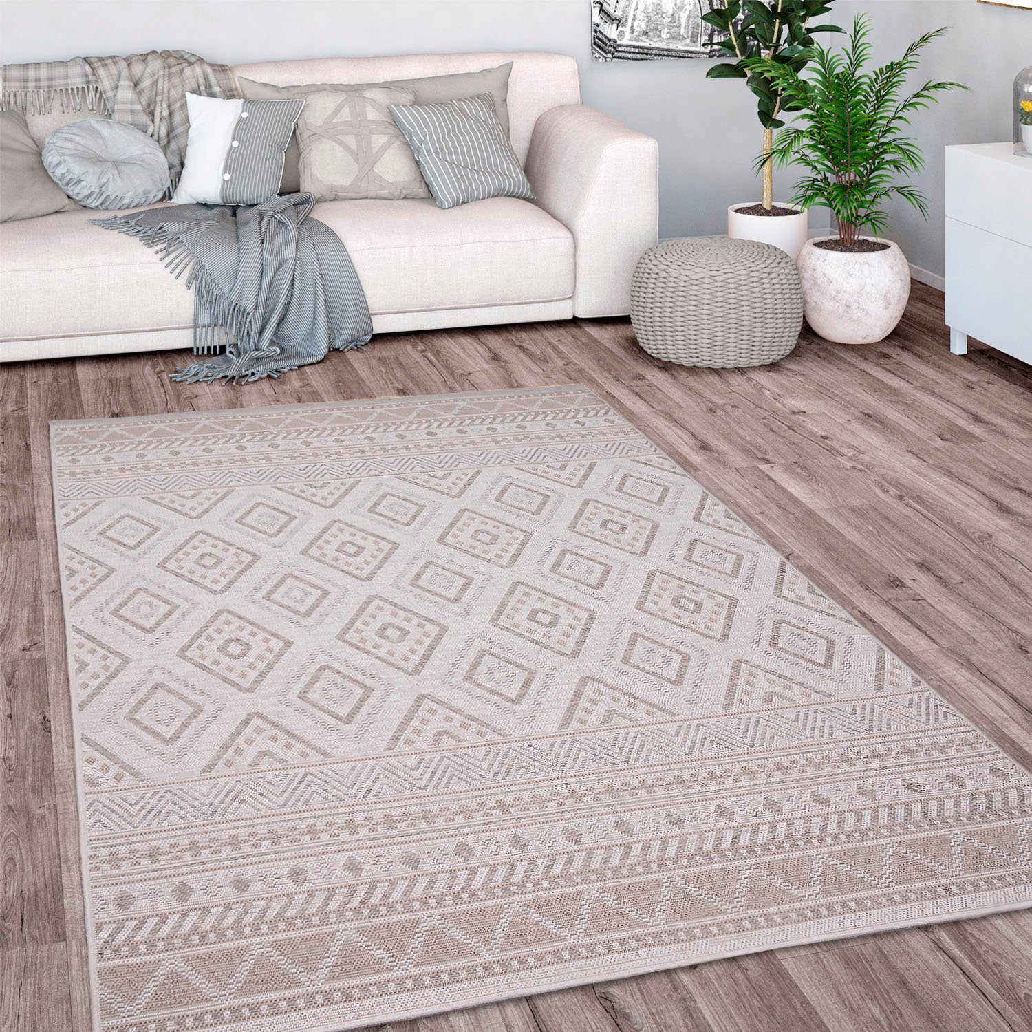 Paco Home Teppich Vermont 184, rechteckig, Höhe: 4 mm, Flachgewebe, modernes Design mit Rauten, gesteift, Outdoor geeignet