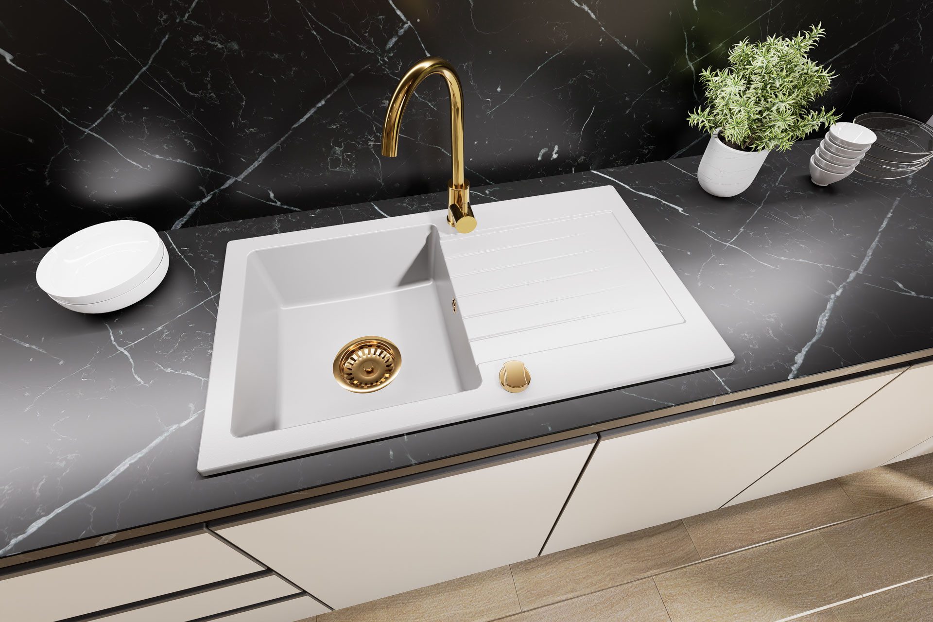 Faizee Möbel Granitspüle Faizee Home Granitspüle Einbau inkl. Siphon-Set Gold, reversibel, Rechteck, 75/43.5 cm