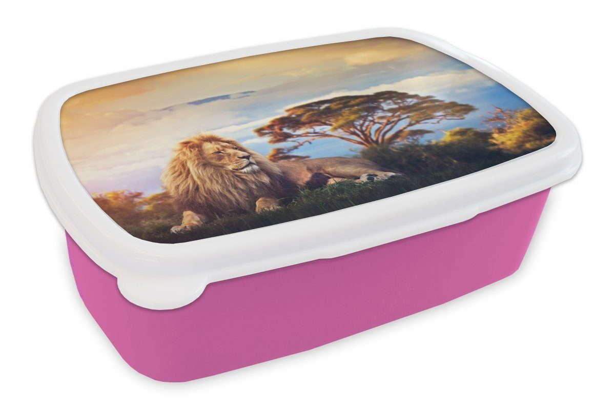 MuchoWow Lunchbox Löwe - Gemälde - Afrika, Kunststoff, (2-tlg), Brotbox für Erwachsene, Brotdose Kinder, Snackbox, Mädchen, Kunststoff rosa