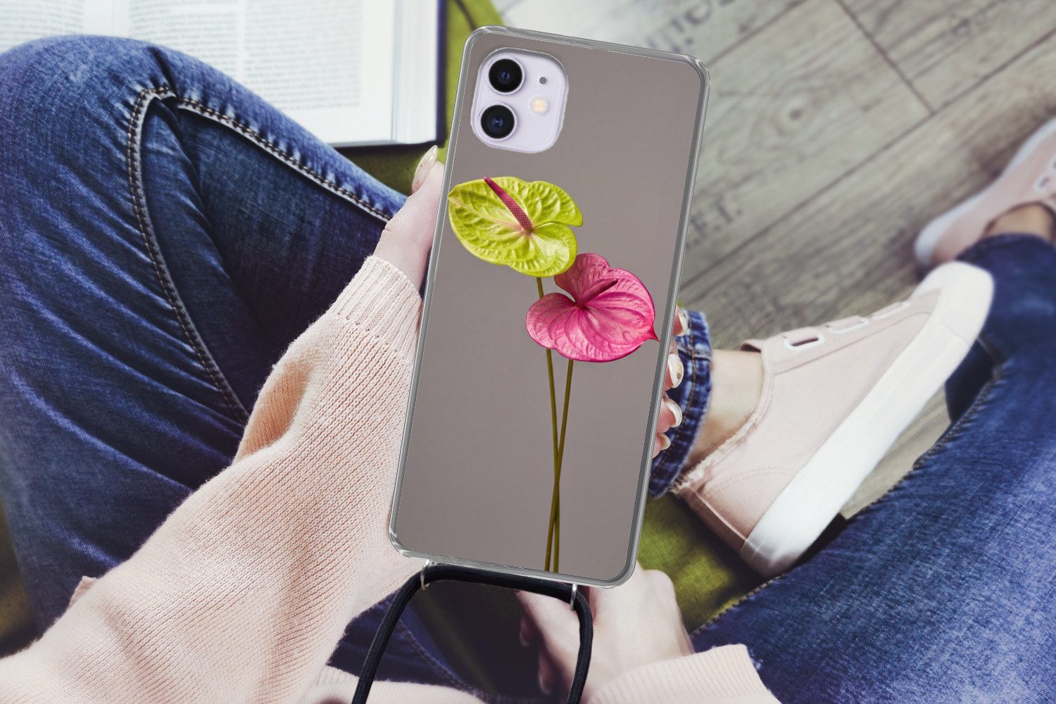 MuchoWow Handyhülle für Apple iPhone 12 Pflanzen - Anthurium - Grün - Rosa, Tragbare Handyhüllen mit Kette zum umhängen, Handykette Handyband