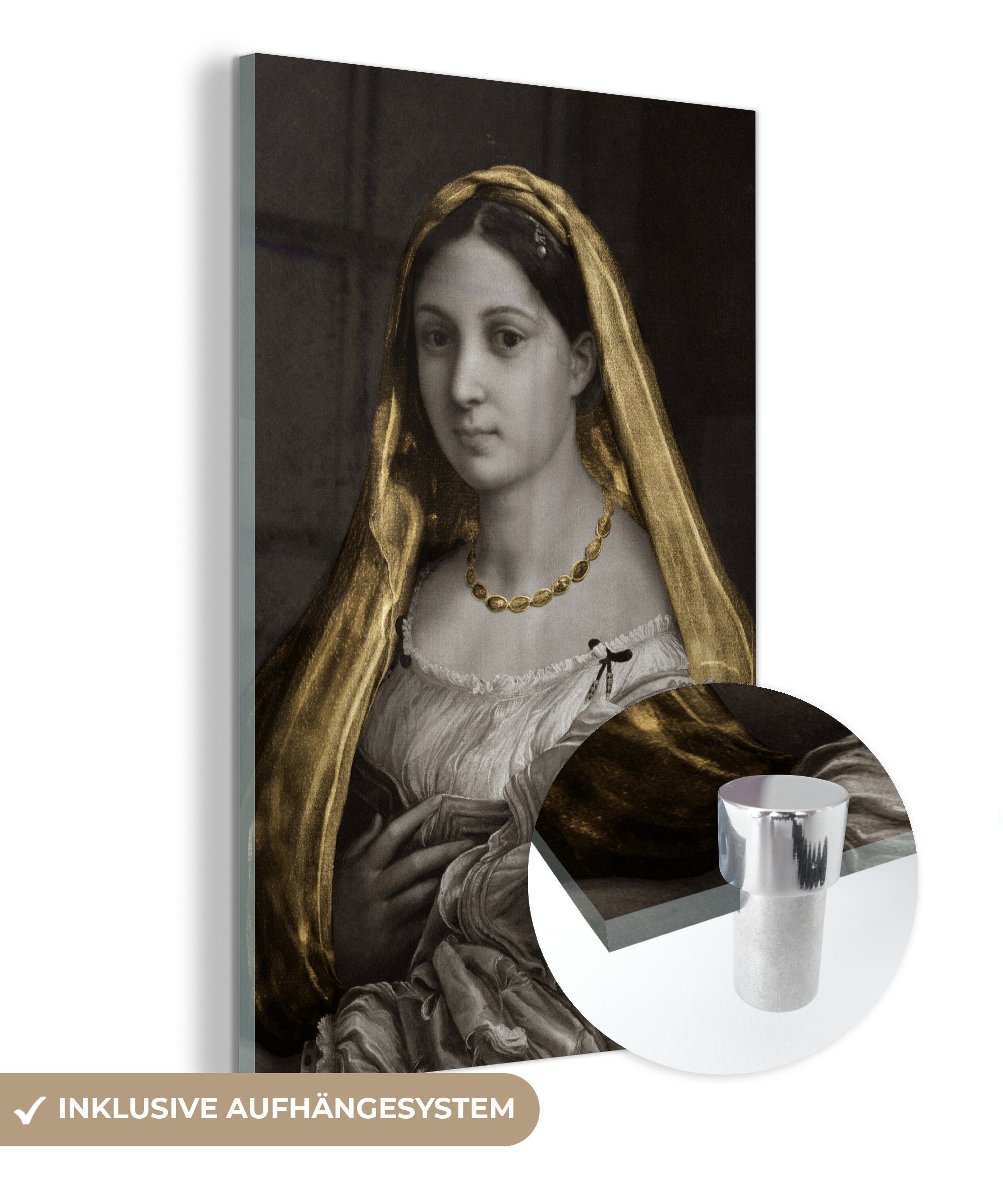 MuchoWow Acrylglasbild Die verschleierte Frau - Raffaello Sanzio - Gold, (1 St), Glasbilder - Bilder auf Glas Wandbild - Foto auf Glas - Wanddekoration