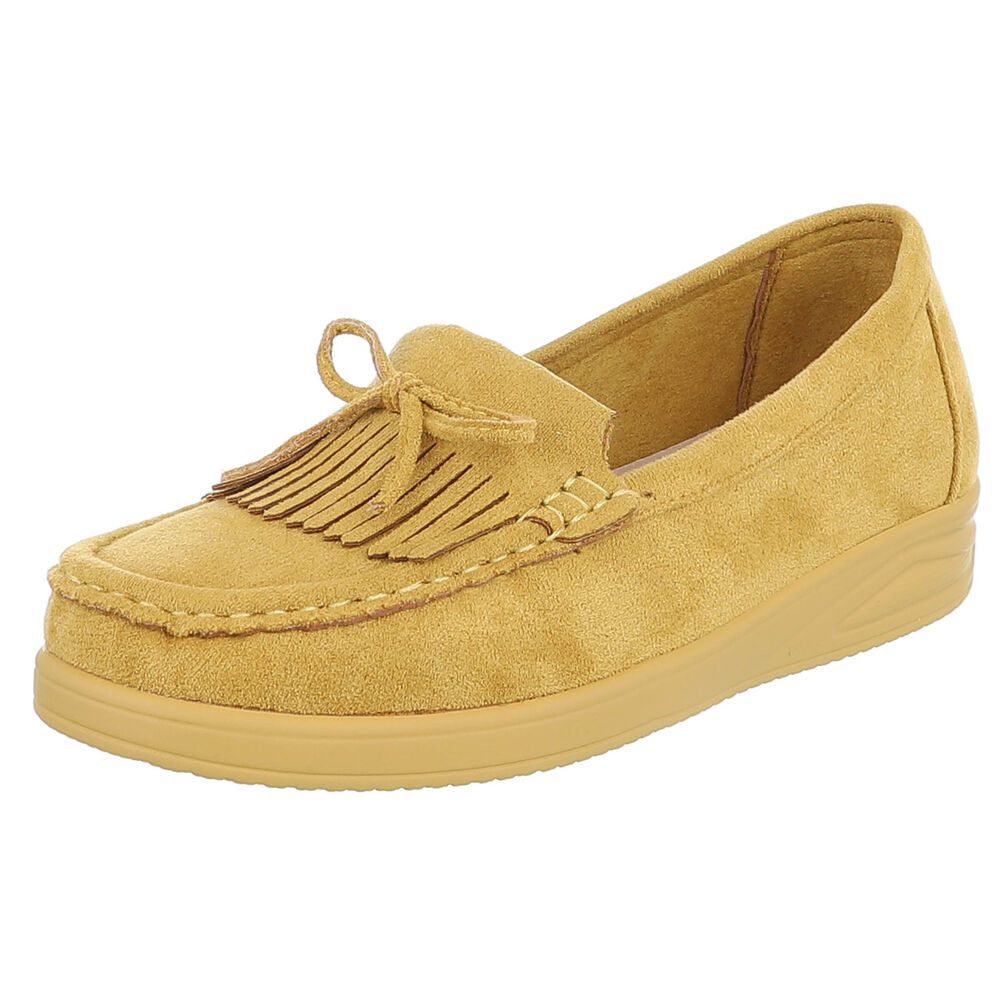 Ital-Design Eleganter Fransen-Schuh für Damen mit hohem Tragekomfort Slipper (91409676) Keilabsatz/Wedge Mokassins in Gelb