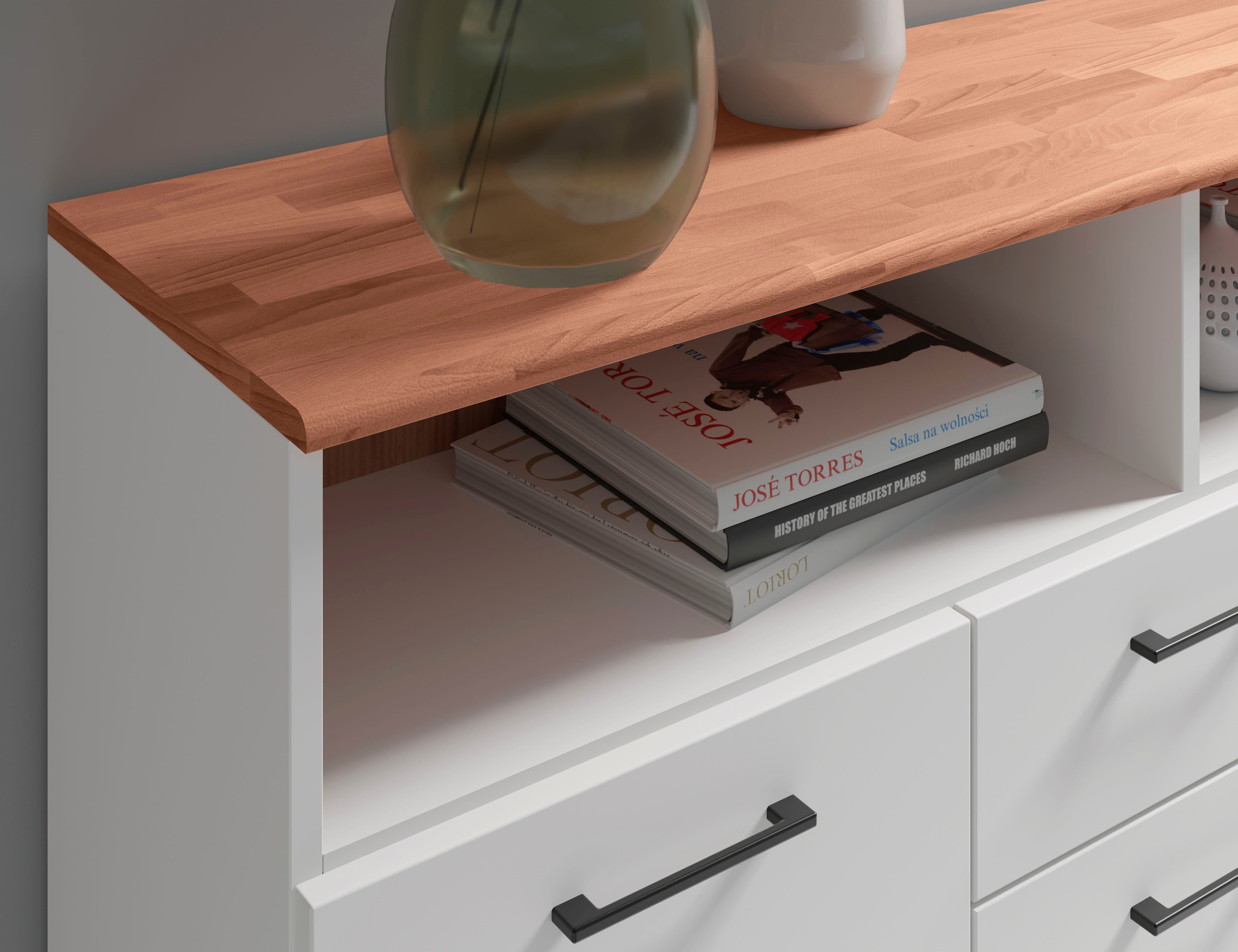 Home affaire Sideboard Ribe,130cm breit,80cm hoch,Oberplatte Holz massiv,6 Fächer, Oberplatte Kernbuche massiv,schwarze Metall Griffe