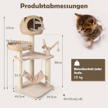 COSTWAY Kratzbaum, 121cm hoch, mit Hängematte & 4 Plüschbällen