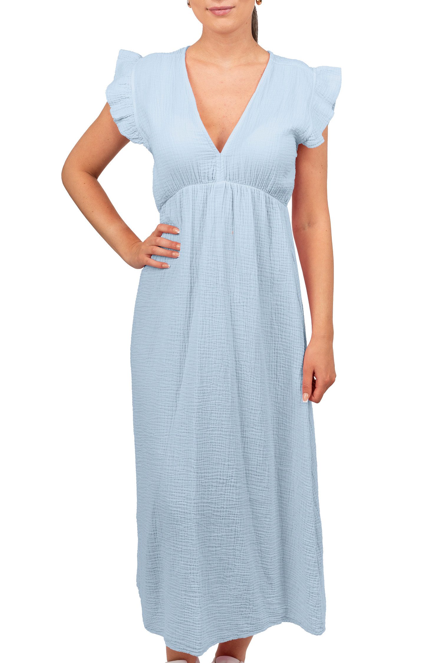 Reichstadt Sommerkleid Reichstadt Damen Musselin Sommerkleid 25RSW076 Tiefer V-Ausschnitt und raffinierte Rüschenärmel