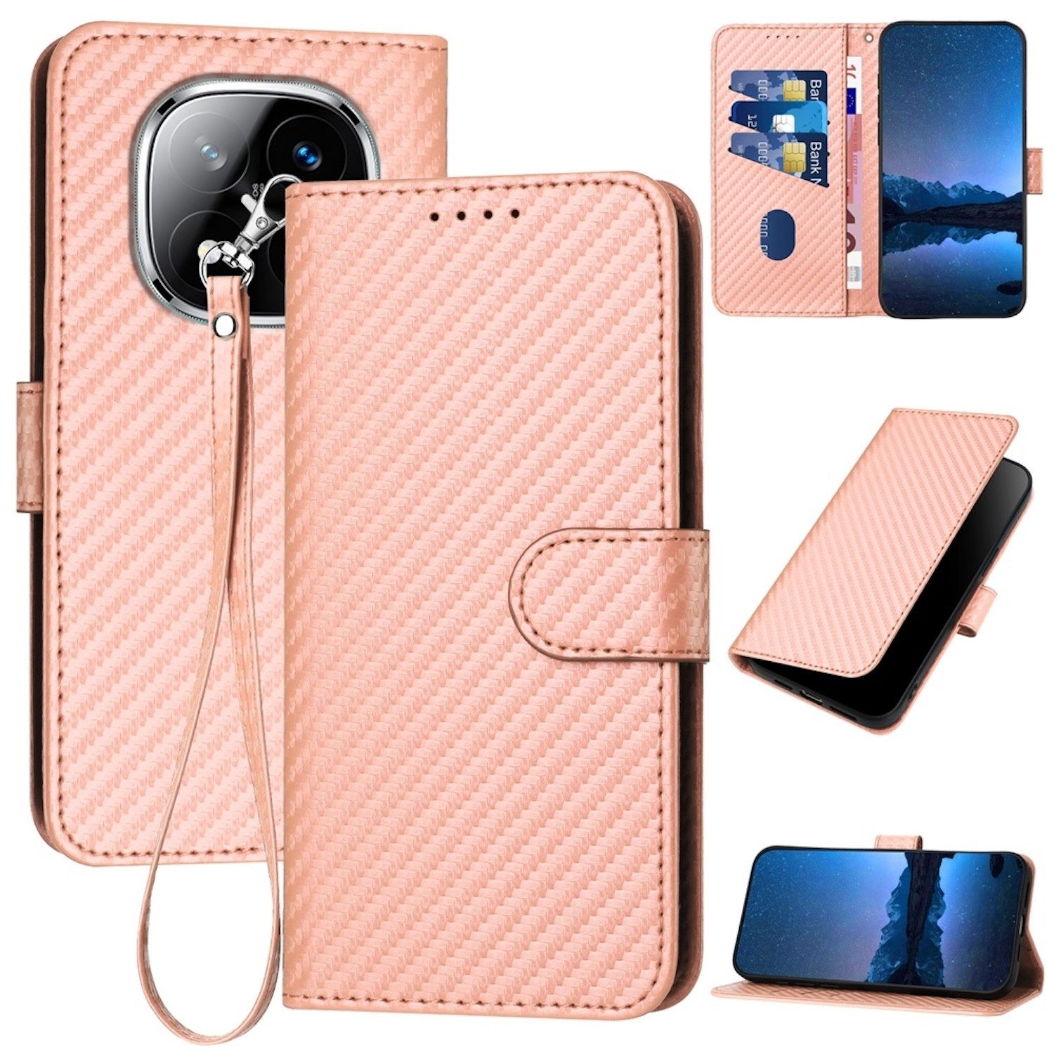 Wigento Handyhülle Für Xiaomi Redmi Note 14 Pro Plus Carbon Fiber Kunstleder Hülle Rosa, Carbon-Optik Hülle mit Kartenfach und Standfunktion
