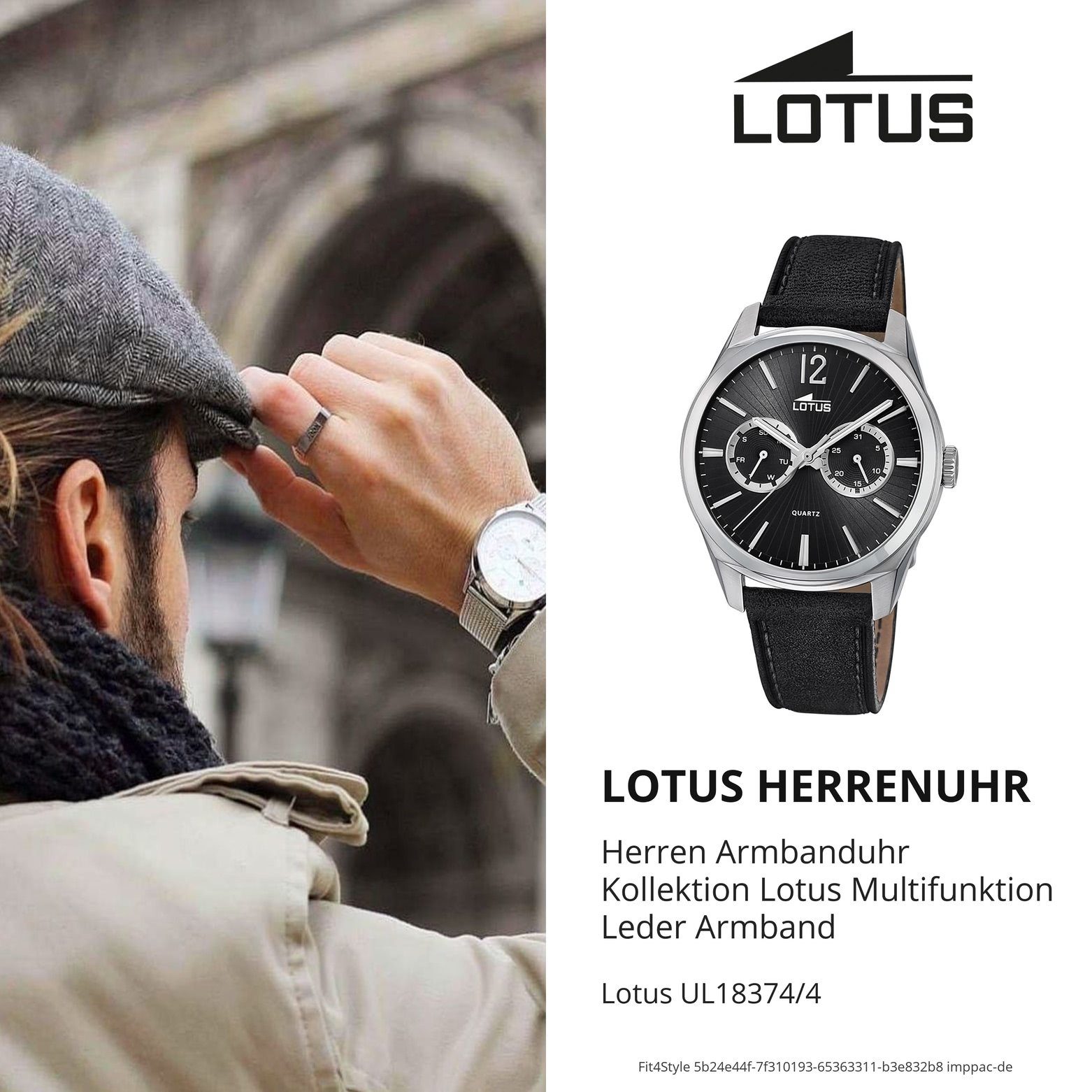 Lotus Multifunktionsuhr schwarz (ca. Lederarmband rund, Lotus L18374/4 41mm), Leder, Herren groß Herren Uhr Armbanduhr