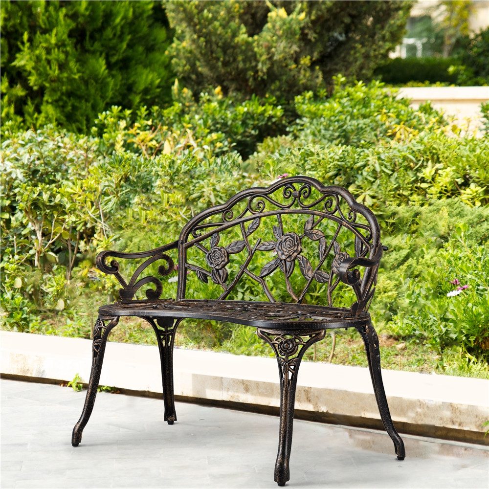 Yaheetech Gartenbank aus Aluminium mit Rosenmuster im Vintage-Stil, 2-Sitzer-Metallbank für Garten/Terrasse/Balkon – Bild 3 von 5