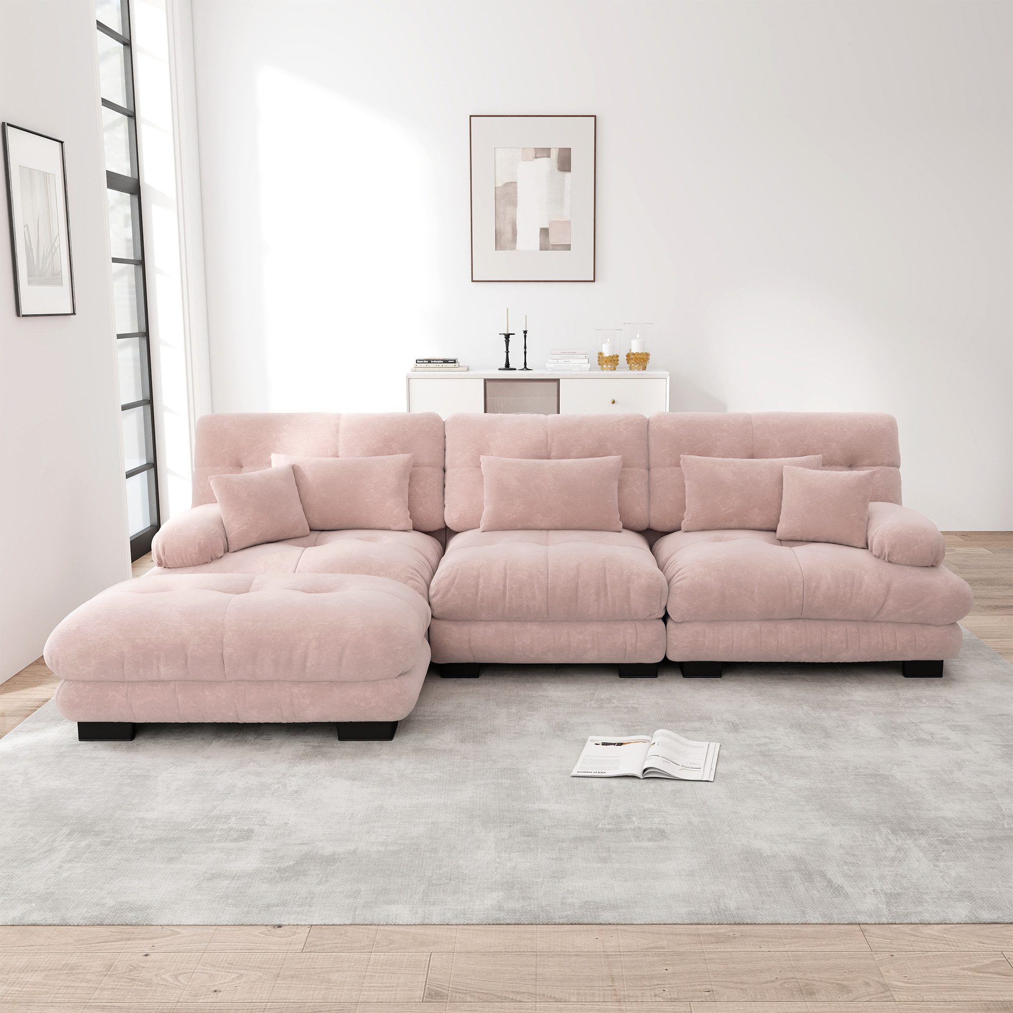 BBWL Sofa Modulares Ecksofa 313 x 145 x 81 cm, 3-Sitzer, Chenille, flexible L-Form, mit beweglichen Ottomanen, Polsterung