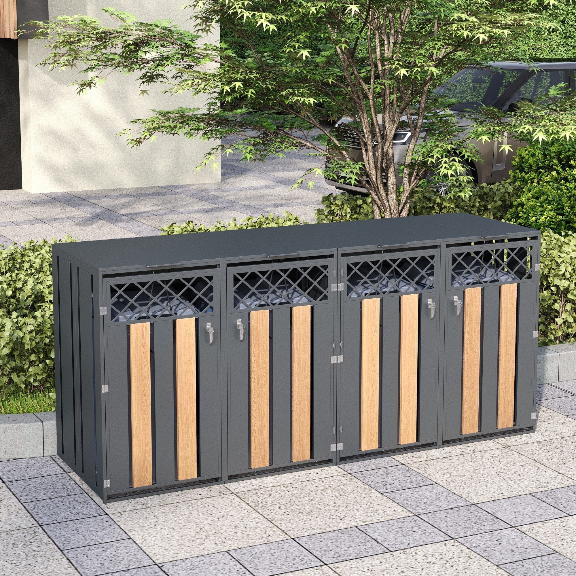 Celya Mülltonnenbox Abschließbar Müllcontainer mit Belüftungslöchern (trash storage compartments,Abschließbar, Zwei Türen), Mülltonnenbox, mit Klappdeckel, rautenförmige Lüftungsöffnung