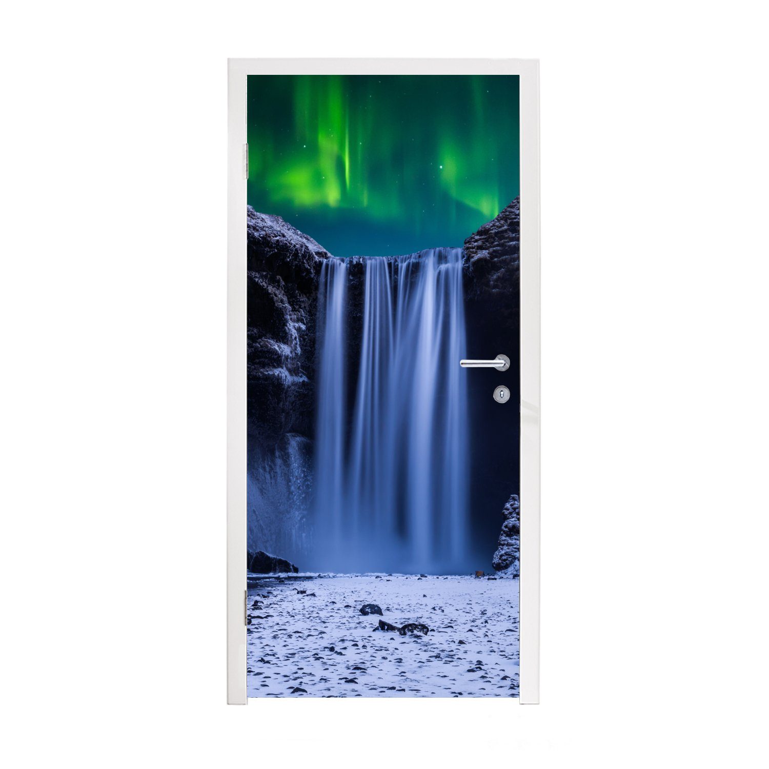 Türtapete Schnee Wasserfall Fototapete Matt, - Island, (1 Nordlichter Türaufkleber, St), Tür, bedruckt, für cm MuchoWow - - 75x205