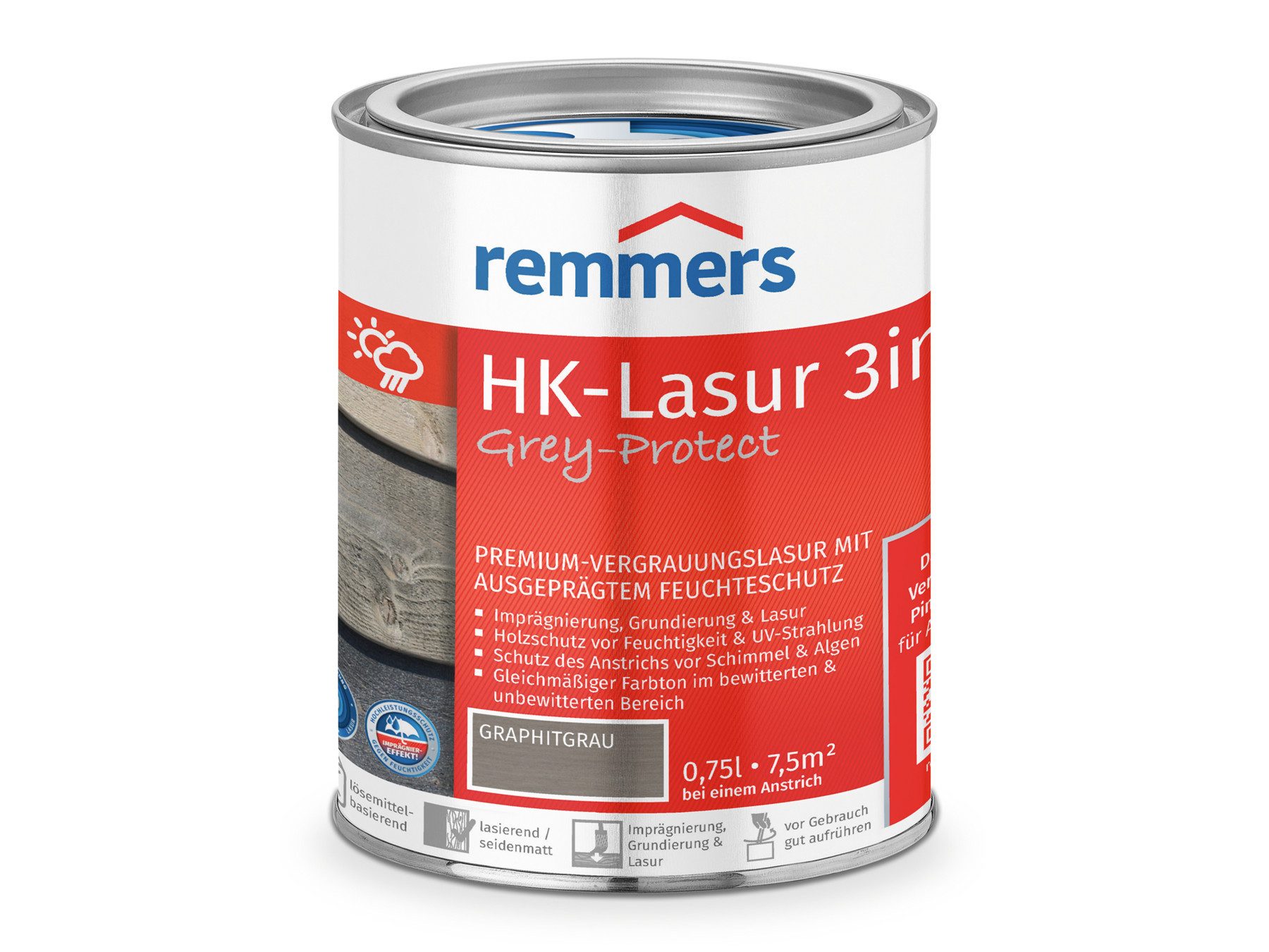 Remmers Holzschutzlasur HK-Lasur 3in1 Grey-Protect 0,75 Liter, 3in1 Holzschutz, Feuchtigkeit- und UV-Schutz
