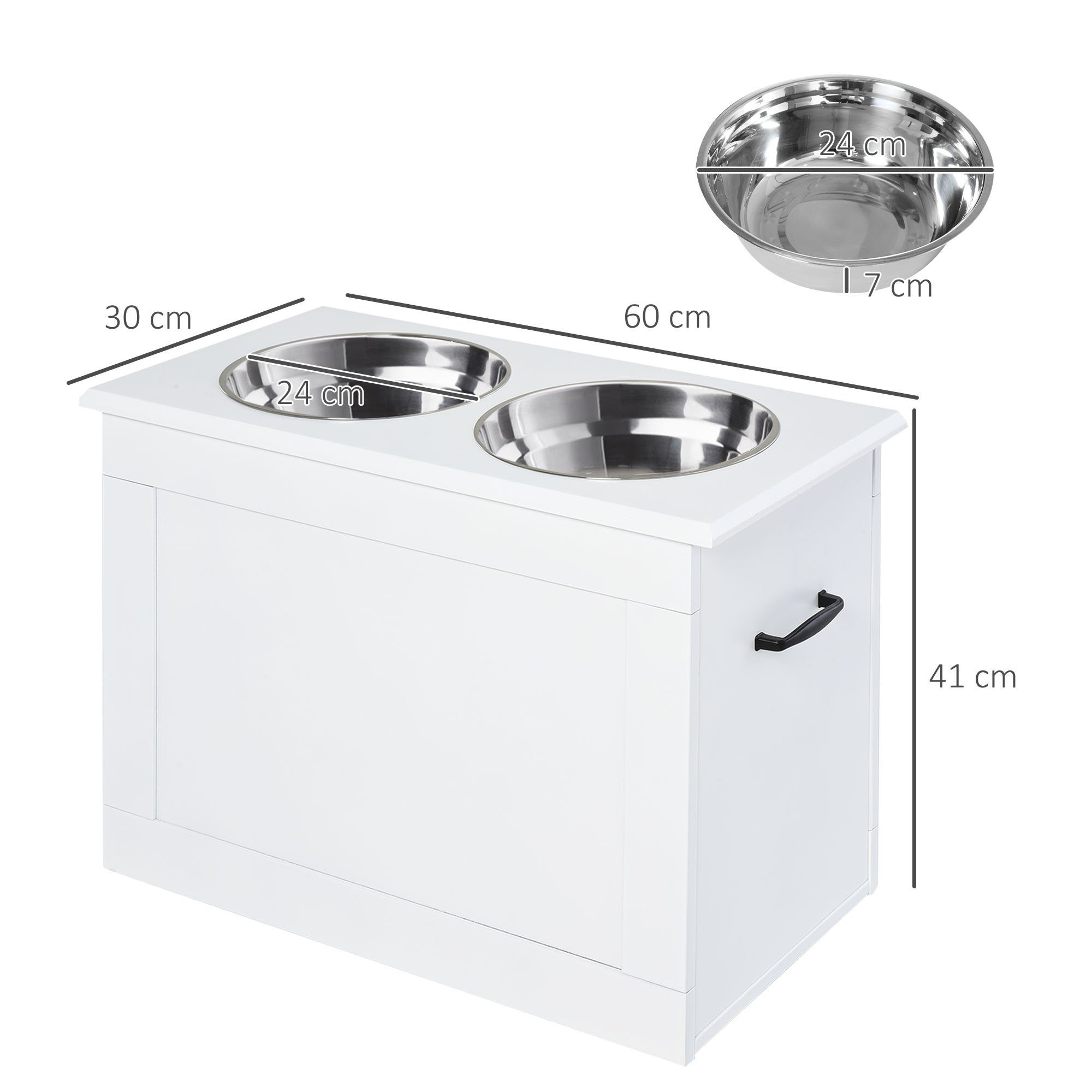 PawHut Futternapf Erhöhter Hundenapf mit Staumraum Wassernapf 2 x 2000ml Hundenäpfe, Edelstahl, Weiß 60 x 30 x 41 cm