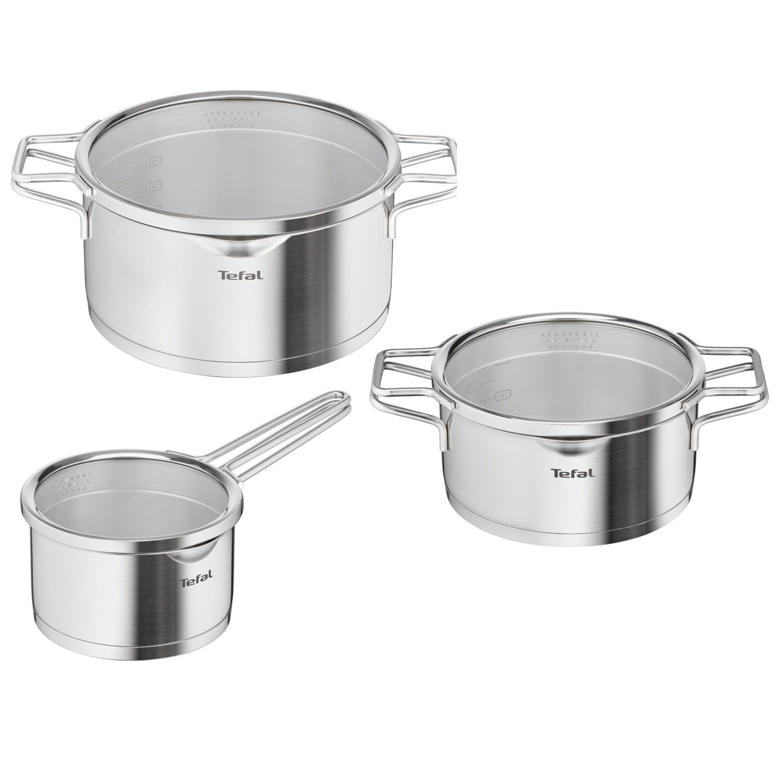Tefal Topf-Set Nordica, clevere Siebdeckel, stapelbares Format, Edelstahl (Set, 6-tlg., 1x Kasserolle 16 cm, 2x Kochtopf 20/24 cm, 3x …