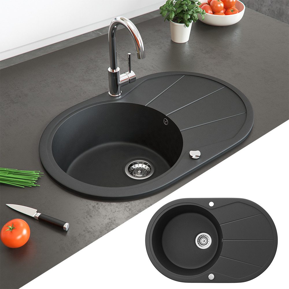 Bergstroem Granitspüle, Schwarz, 78 x 50 cm Rund mit Trockenplatz, Oval, 78/50 cm, beidseitig montierbar, (1 St)