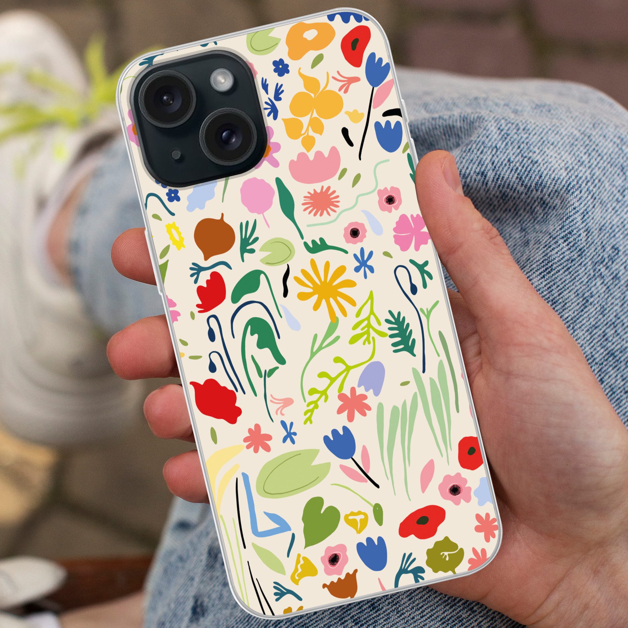 MuchoWow Handyhülle für Apple iPhone 15 Blumen - Muster - Pflanzen, Smartphone-Bumper, Print, Handy Schutzhülle Dünn