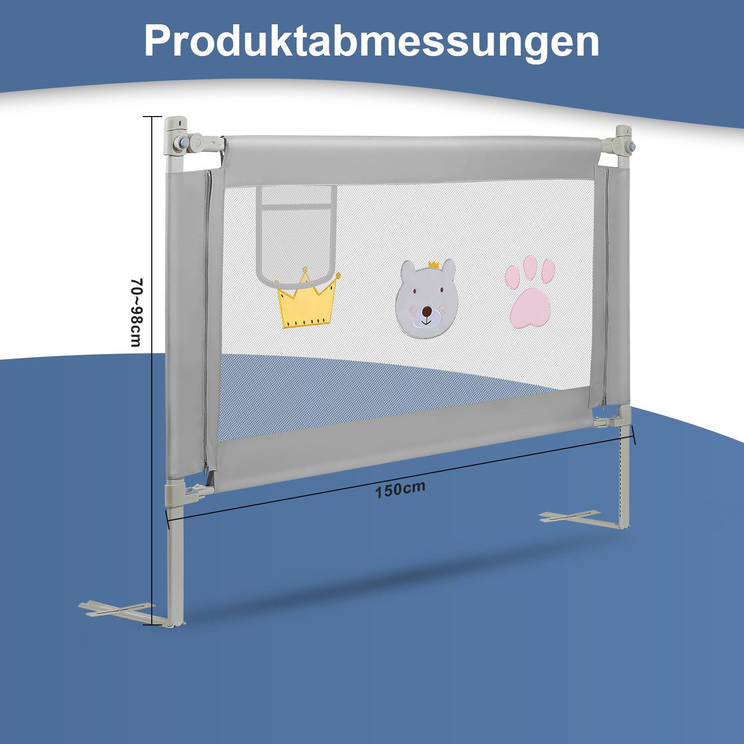Clanmacy Bettschutzgitter Bettgitter 150cm Kinderbett Kinderbettschutzgitter Rausfallschutz (und strapazierfähigem Polyester Canvas Material 150-200cm), aus Met – Bild 2 von 5