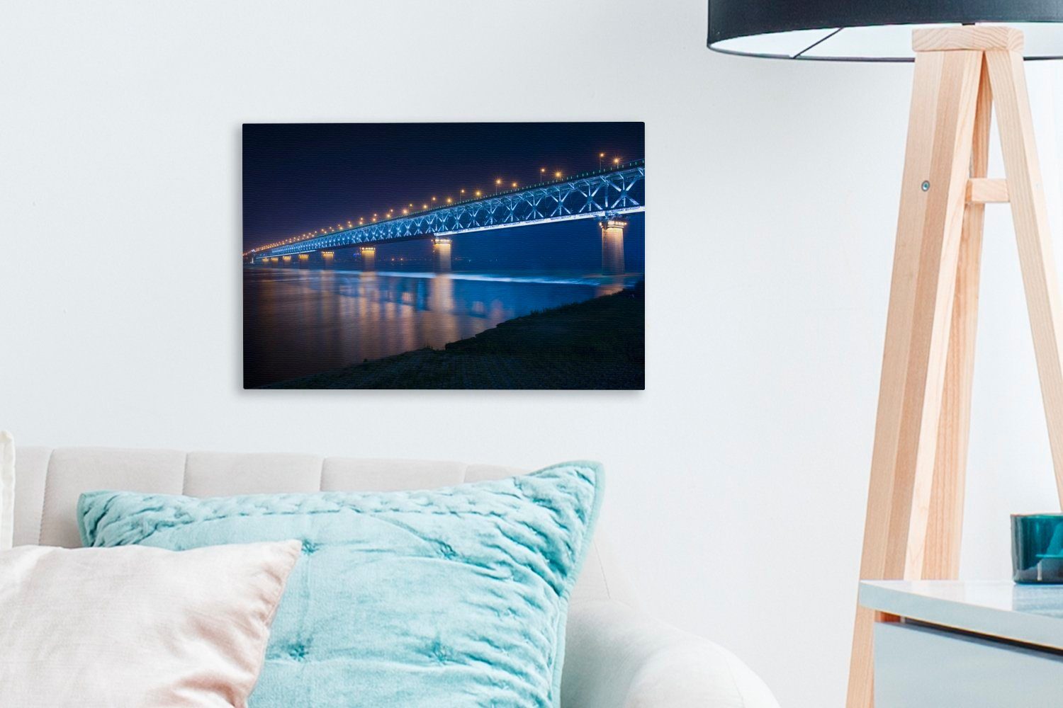 Blau St), Wuhan, Leinwandbild Nacht gefärbte Wandbild (1 30x20 Wuhan-Yangtze-Brücke cm Wanddeko, in bei Leinwandbilder, Aufhängefertig, OneMillionCanvasses®