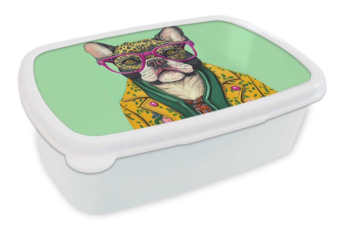 MuchoWow Lunchbox Hund - Hippie - Tiere - Brille, Kunststoff, (2-tlg), Brotbox für Kinder und Erwachsene, Brotdose, für Jungs und Mädchen weiß