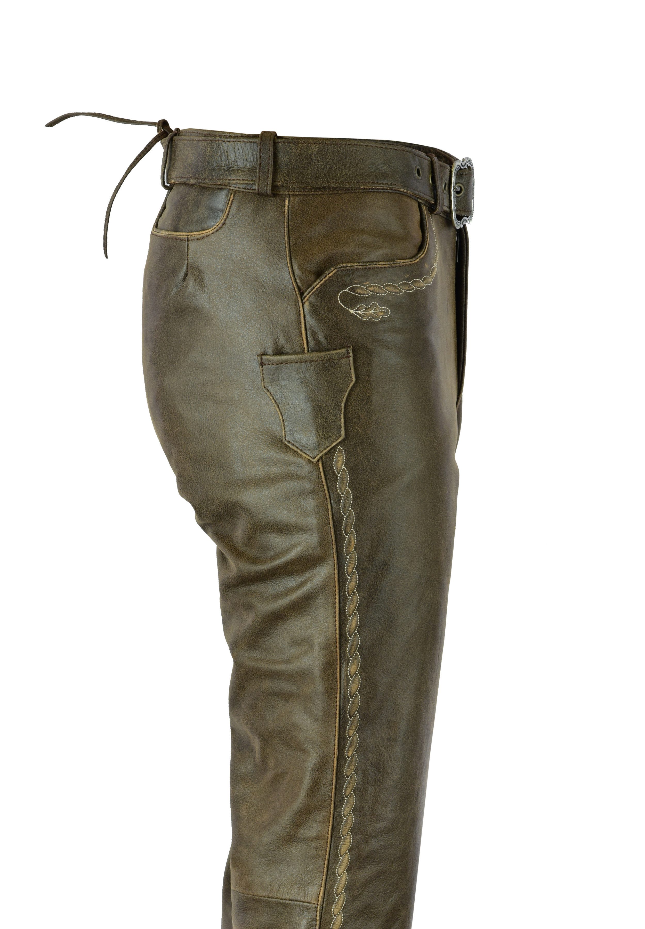 Fuente Leather Wears Lederhose Bayerische Herren Trachten Lederhose lang mit Gürtel, Antik Braun