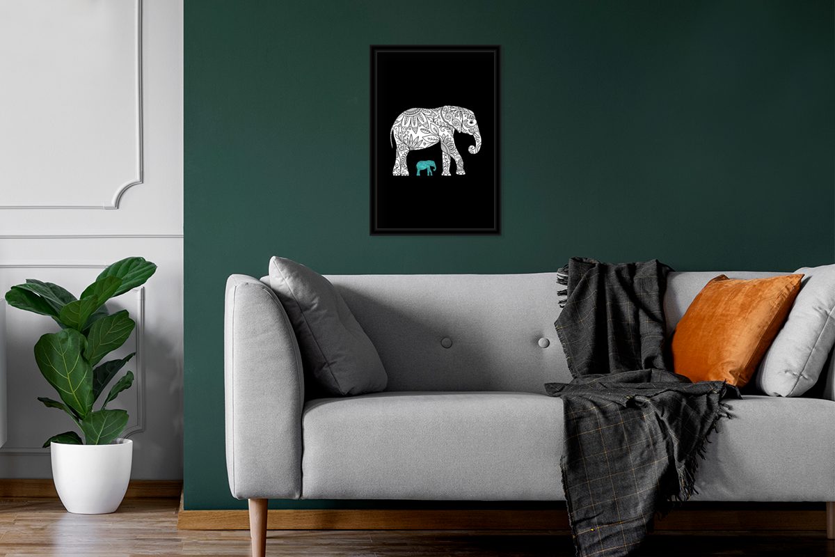 Wanddeko, Bilderrahmen Muster Wandposter, Gerahmtes Bilder, - St), Schwarz, - Schwarzem Elefant Poster, MuchoWow Poster (1